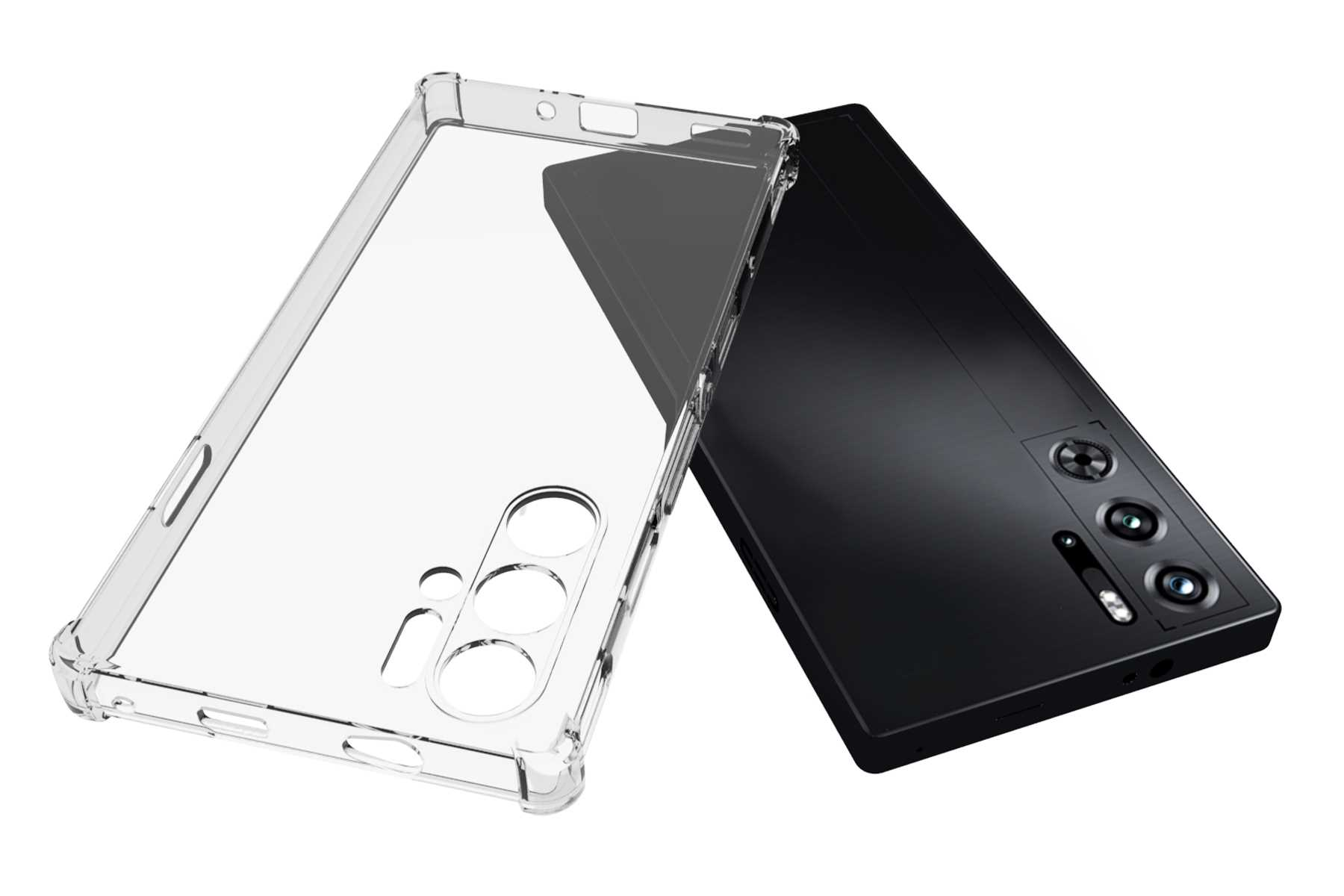Eine transparente Handyhülle neben einem schwarzen Telefon. Weißer Hintergrund.