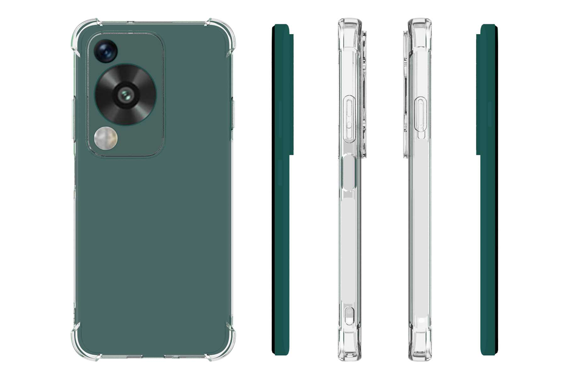 Grünes Telefon mit Kamera, in einer transparenten Hülle, Seitenansichten. Weißer Hintergrund.