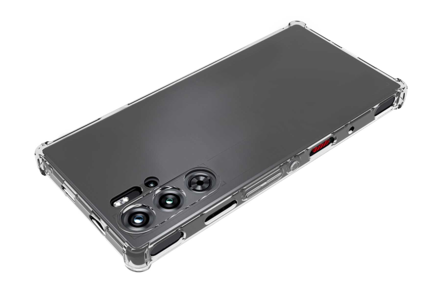 Eine transparente Handyhülle mit einem schwarzen Telefon. Das Telefon hat mehrere Kameras.
