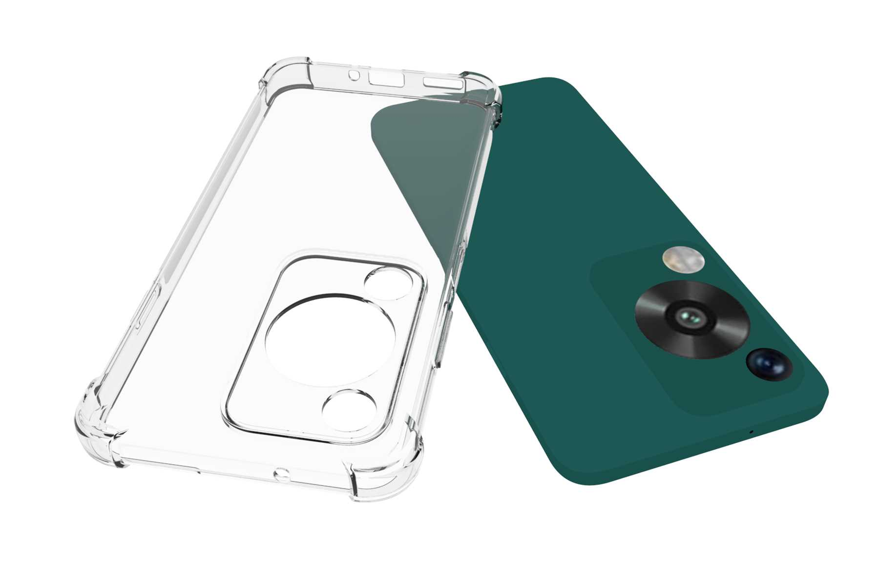 Eine durchsichtige Handyhülle neben einem grünen Telefon mit Kamera.