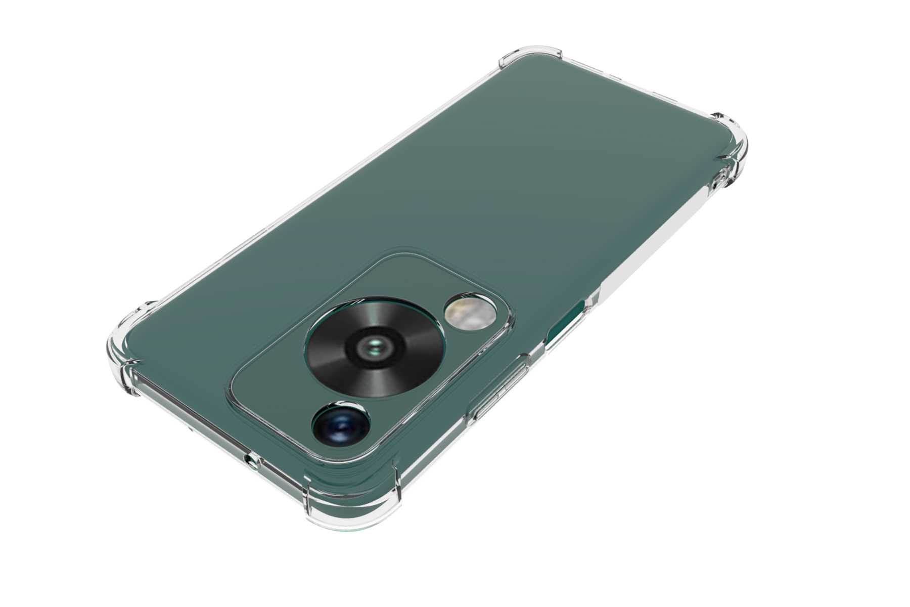 Smartphone in einer durchsichtigen Hülle, leicht angewinkelt. Das Telefon zeigt die Kamera und das Objektiv.