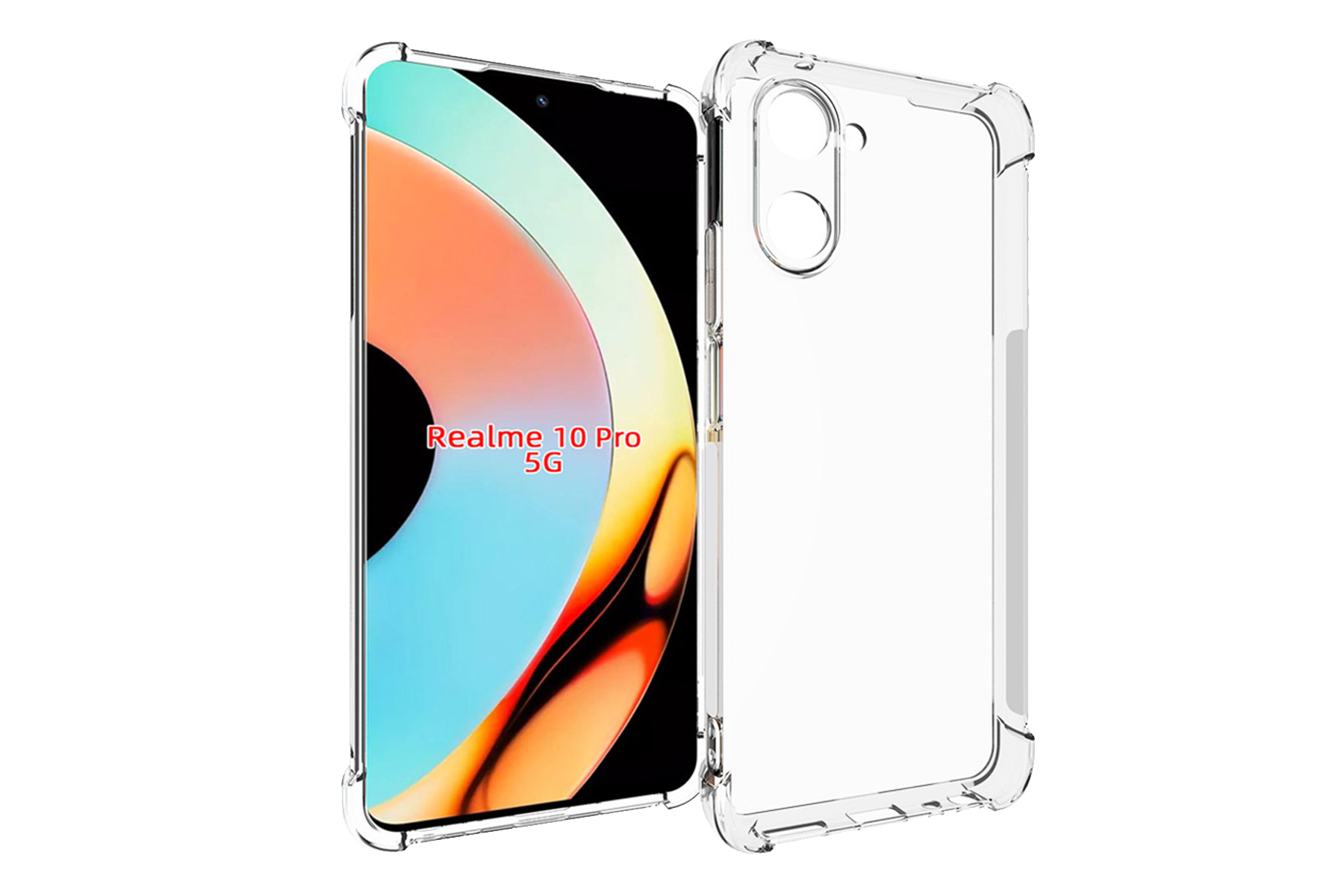 Eine transparente Handyhülle mit einem Telefon darin, das den Text Realme 10 Pro 5G zeigt.