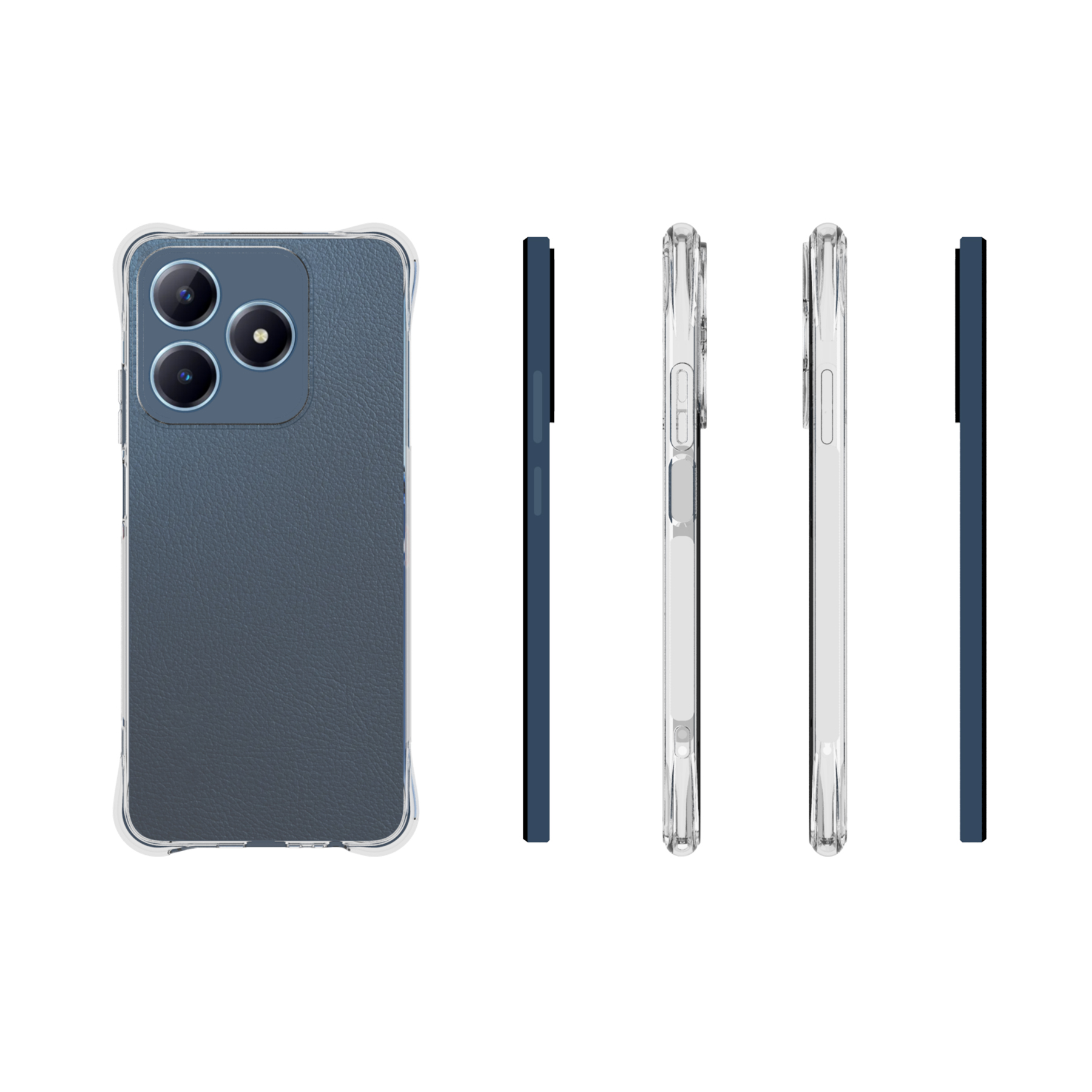 Telefon mit durchsichtiger Hülle, Rückseite, Seiten und Vorderseite. Blau-graues Telefon.