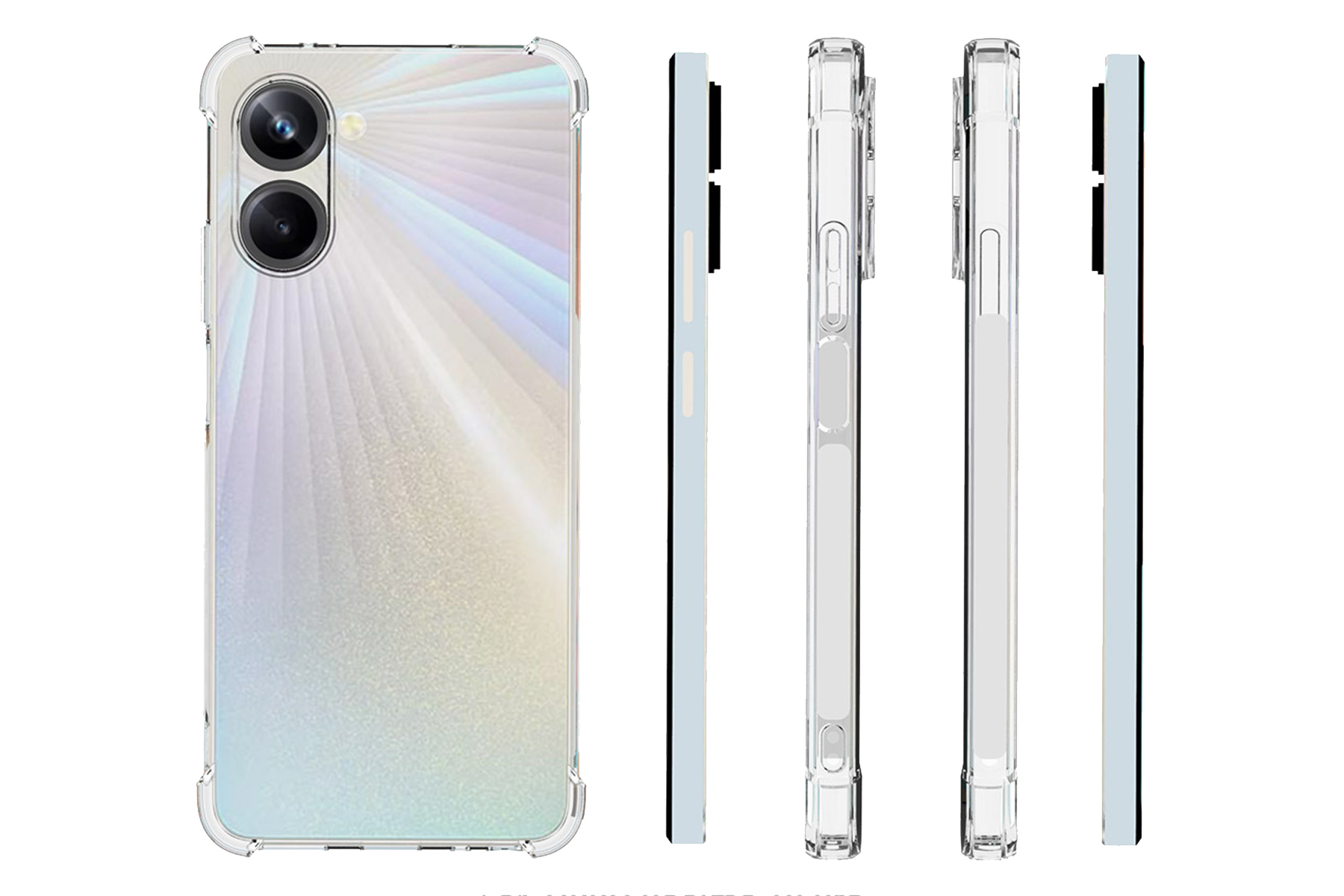 Weißes Telefon mit Kamera, in einer transparenten Hülle, Seitenansichten. Weißer Hintergrund.