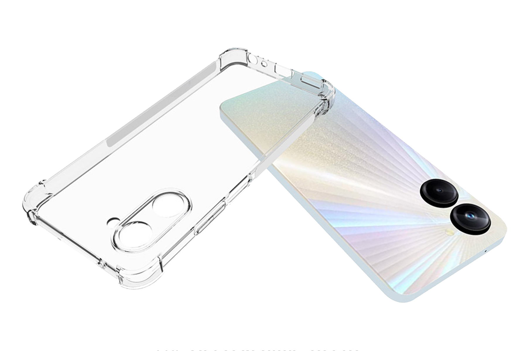 Eine transparente Handyhülle neben einem Smartphone mit hellfarbiger Rückseite und zwei Kameras.