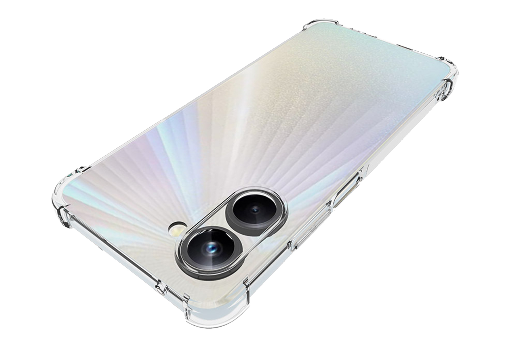 Transparente Schutzhülle für ein Telefon mit Kameraaussparung, auf einem weißen Telefon.