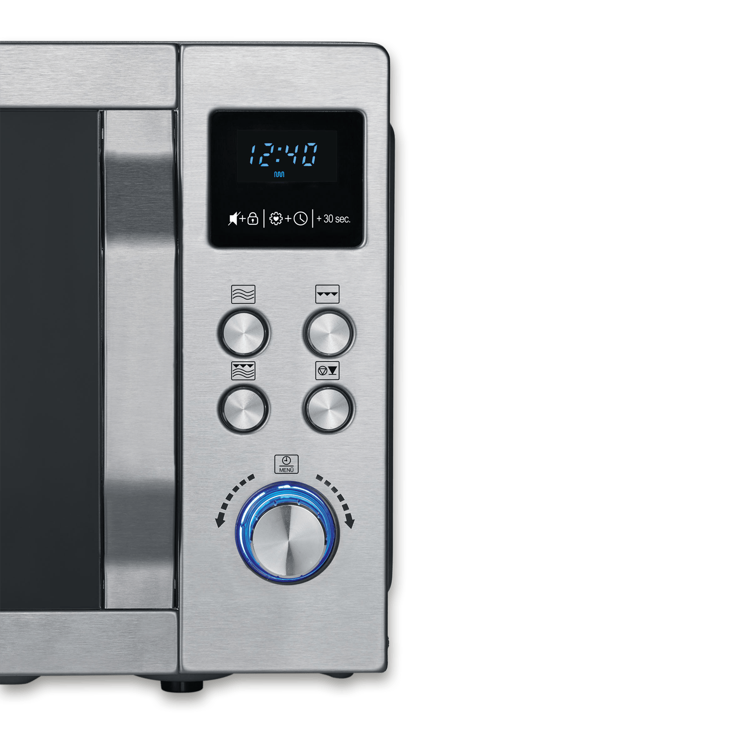 Piekarnik mikrofalowy z cyfrowym wyświetlaczem pokazującym czas. Widoczne są przyciski i pokrętło.