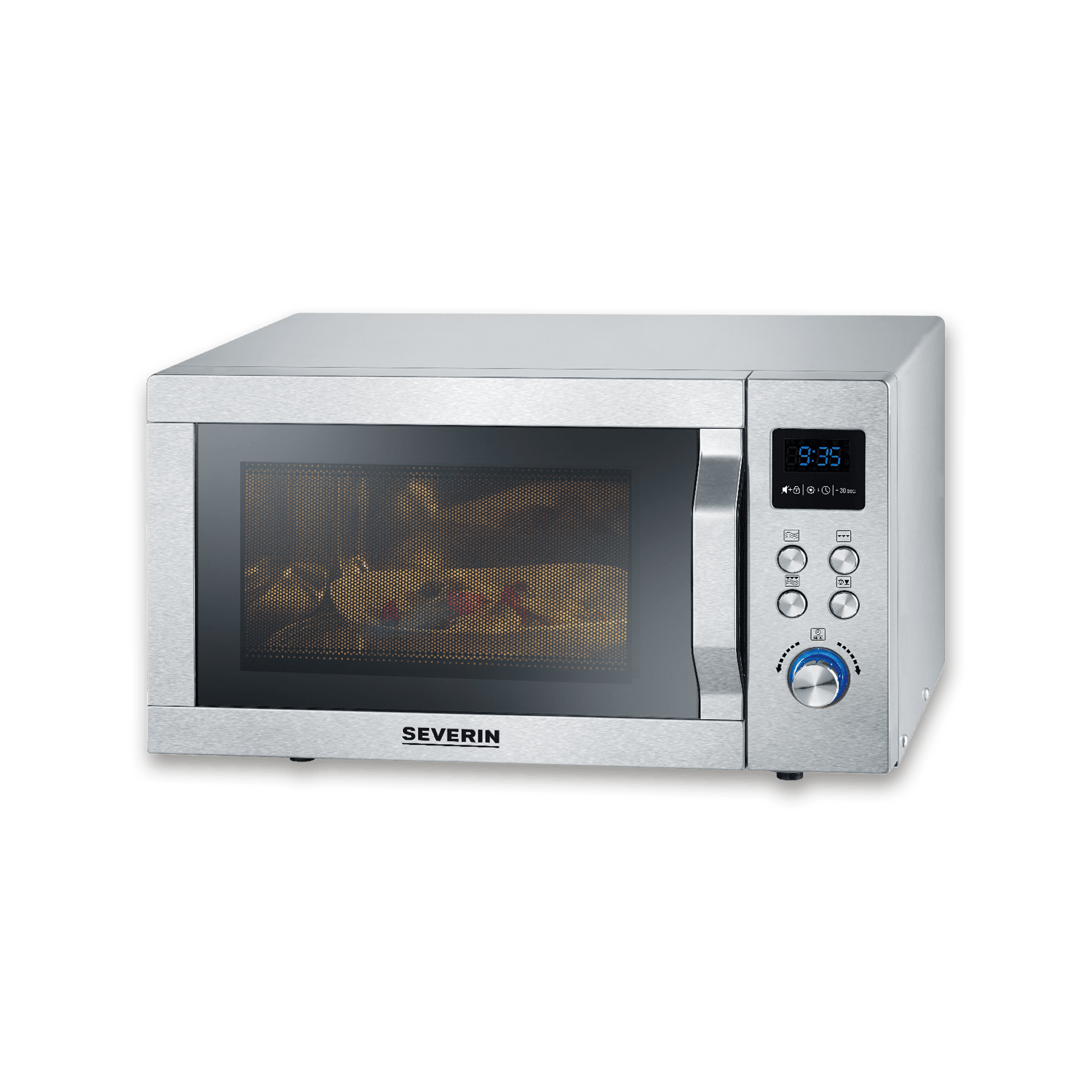 Srebrna kuchenka mikrofalowa z wyświetlaczem cyfrowym i panelem sterowania na zielonym tle.