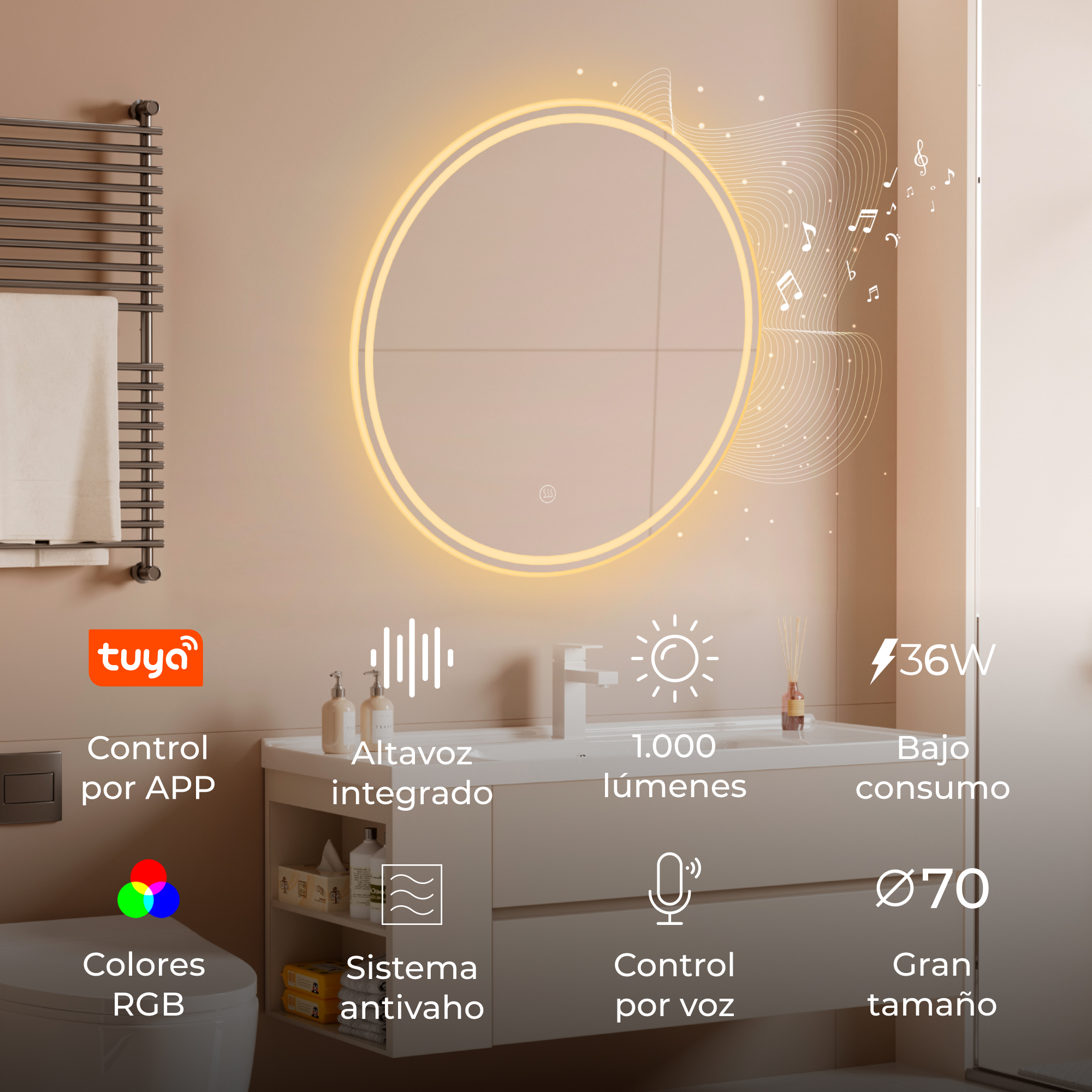 Espejo de baño con iluminación integrada, control táctil y varios iconos y texto.