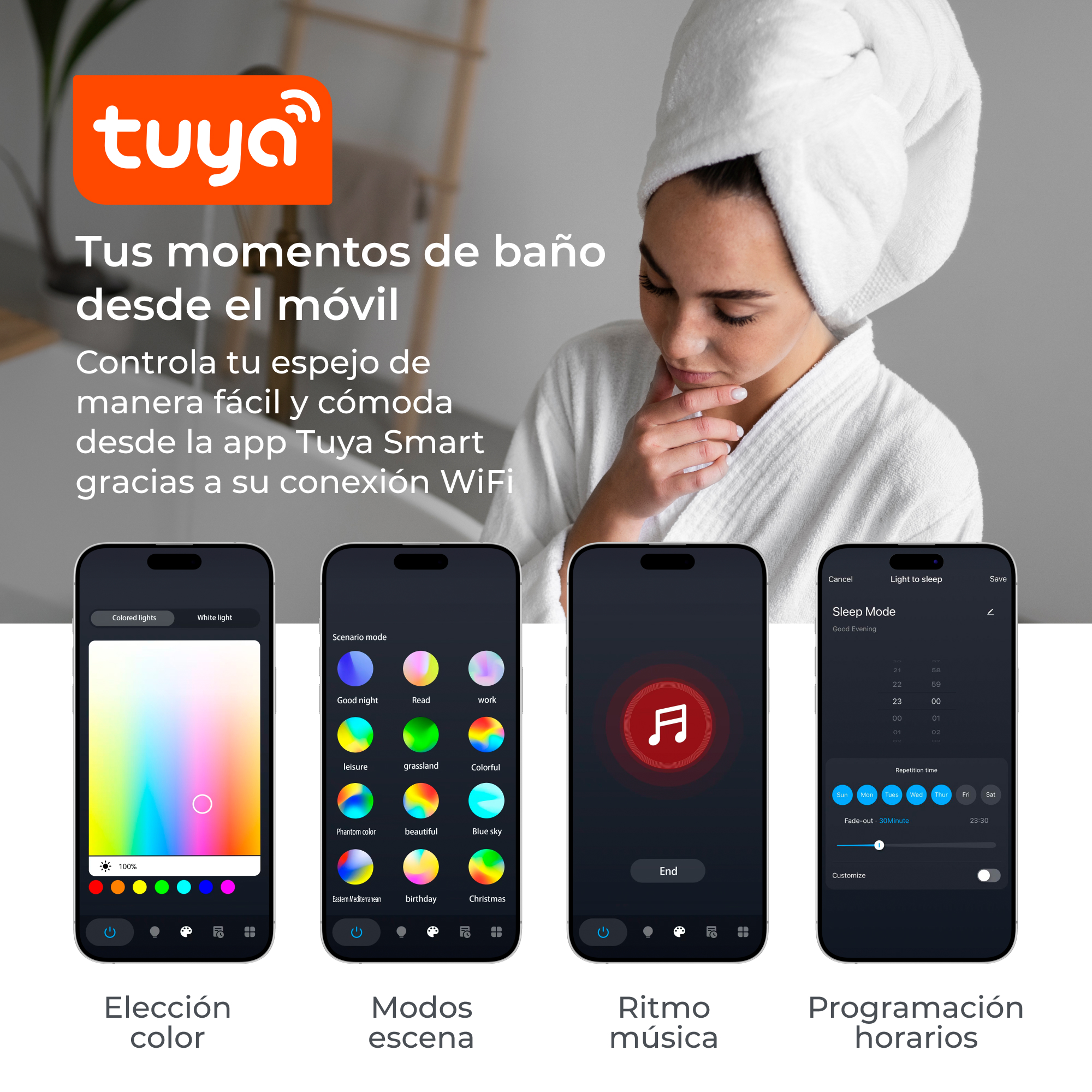 Mujer con toalla en la cabeza, usando el teléfono. El teléfono muestra una aplicación con configuración de color, escena y música.