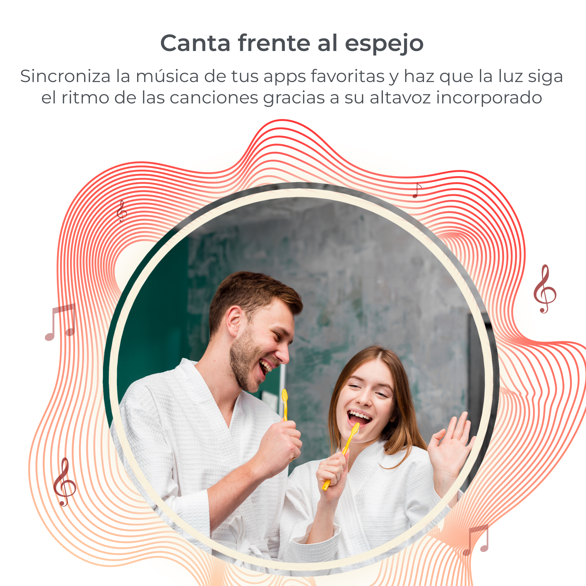 Una pareja cantando con cepillos de dientes, rodeados de notas musicales, dentro de un círculo.