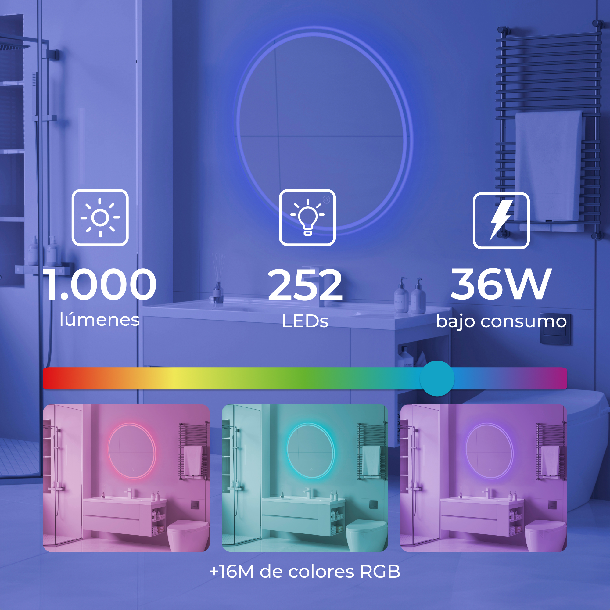 Baño con espejo redondo con luz azul. Pantalla muestra LEDs de cambio de color, 1000 lúmenes y 252 LEDs.