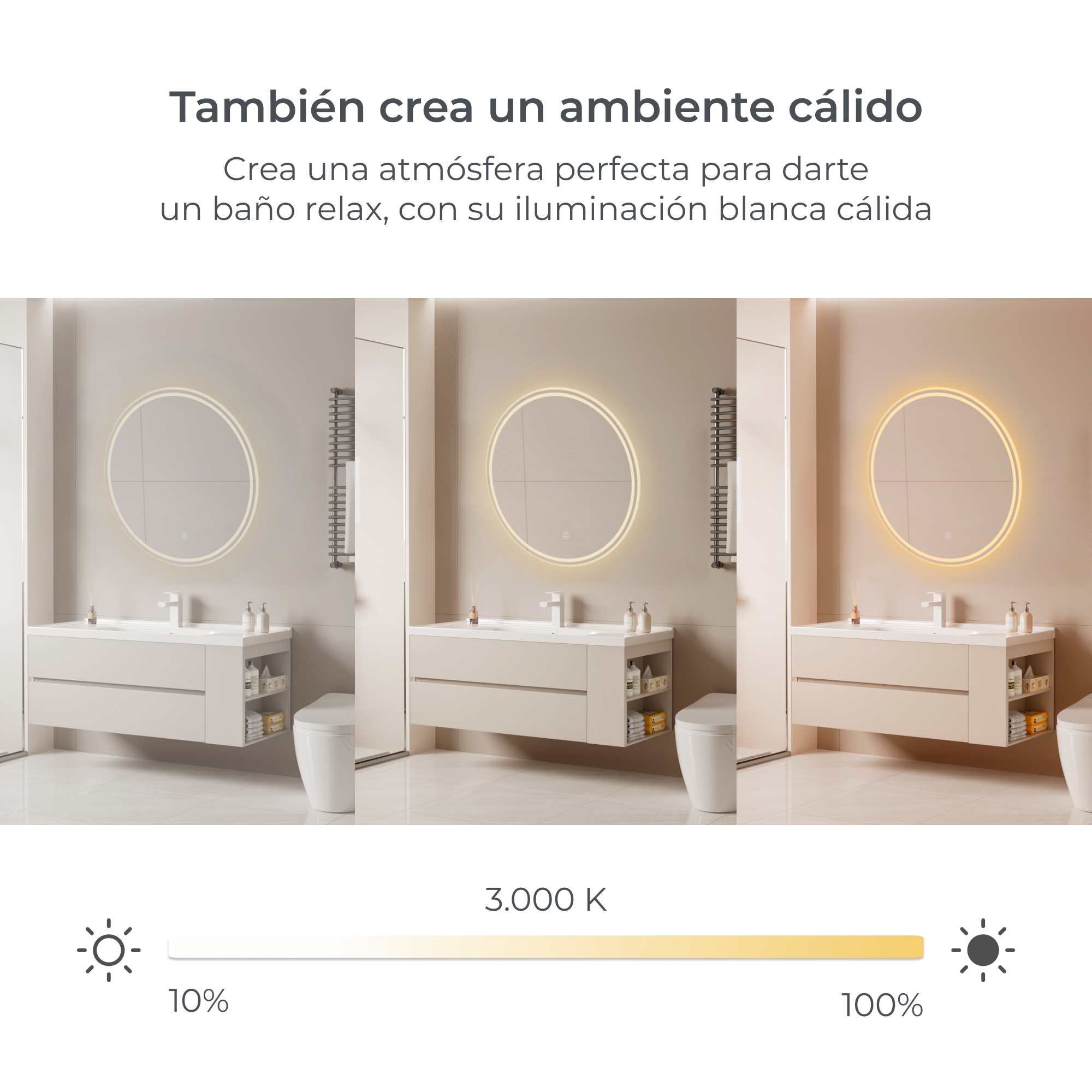 Tres escenas de espejo de baño con diferentes colores de iluminación: blanco, blanco cálido y amarillo.
