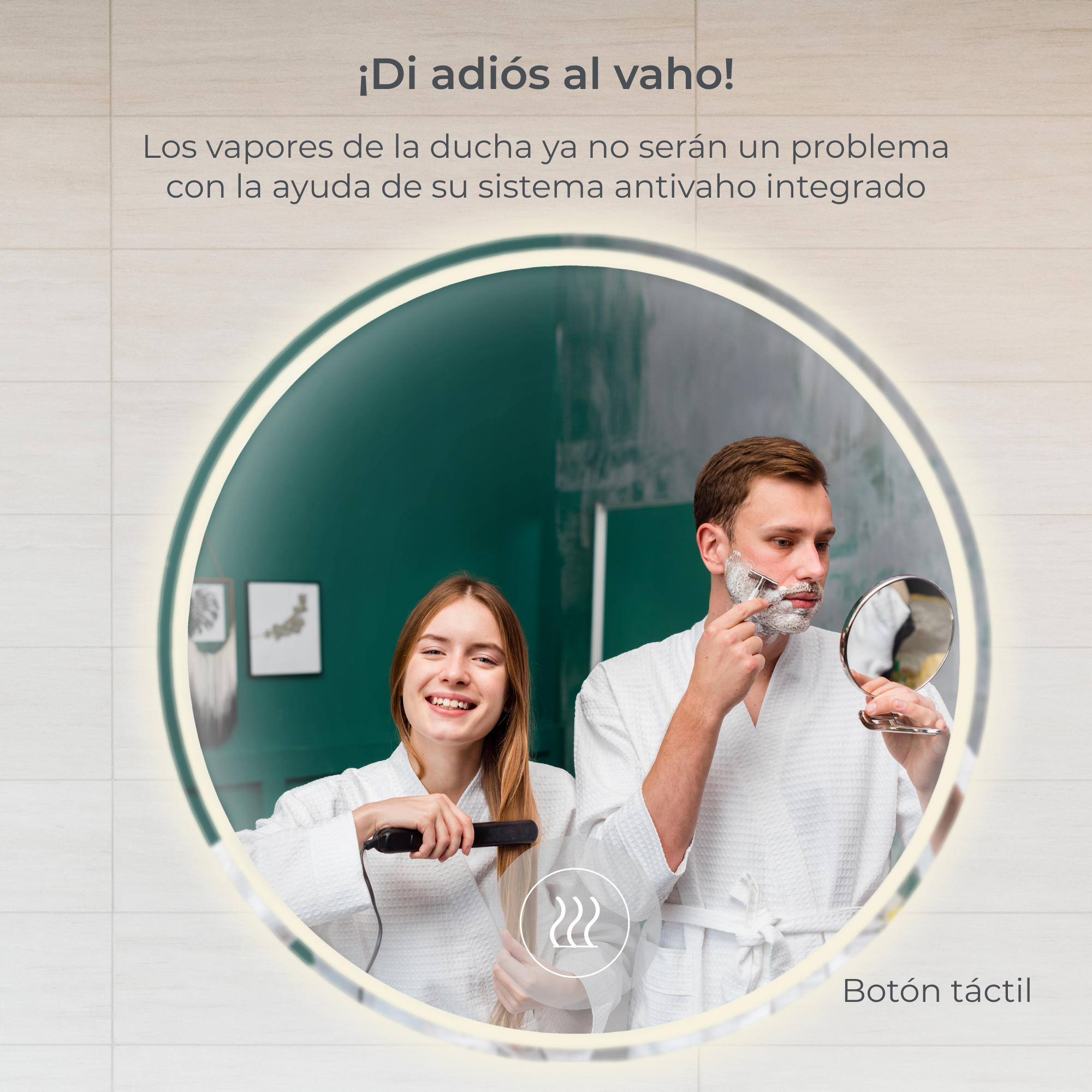 Hombre afeitándose, mujer usando plancha para el pelo. Ambos en batas blancas. Espejo circular. Fondo blanco.