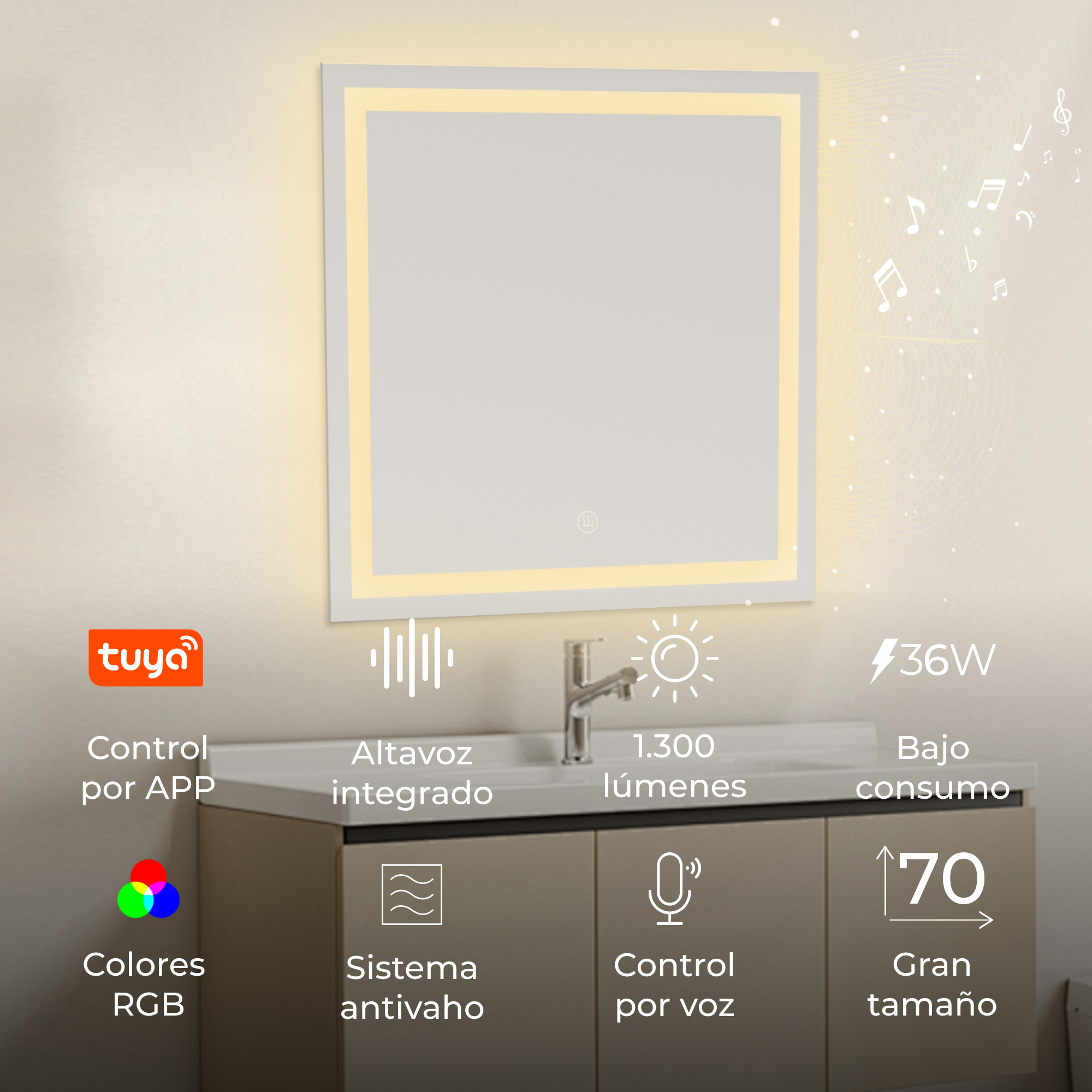 Uno specchio illuminato con controlli touch. Ha luci e altoparlanti integrati.