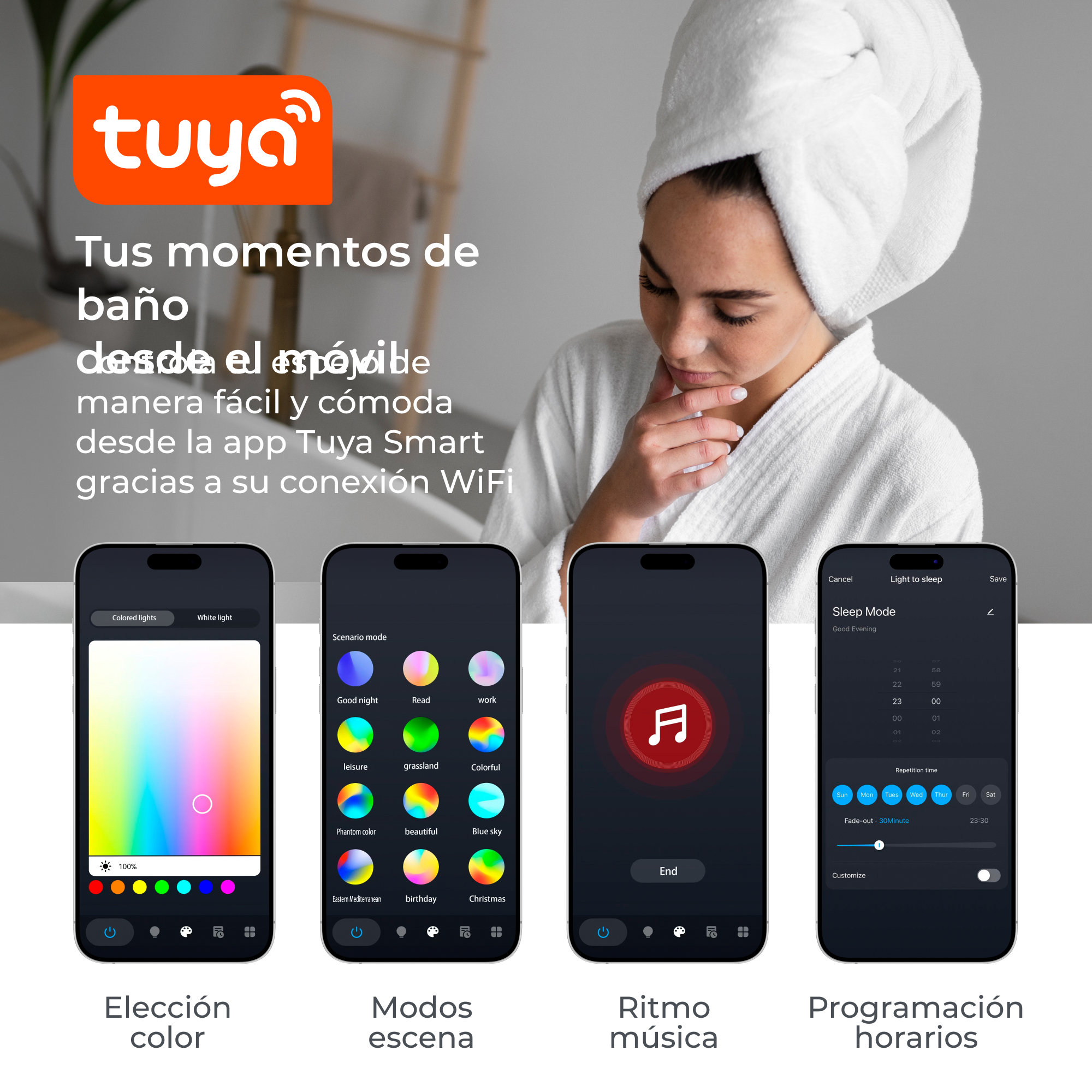 Una donna con un asciugamano usa un telefono con schermate di app che mostrano scelta colore, modalità scena, musica e timer.