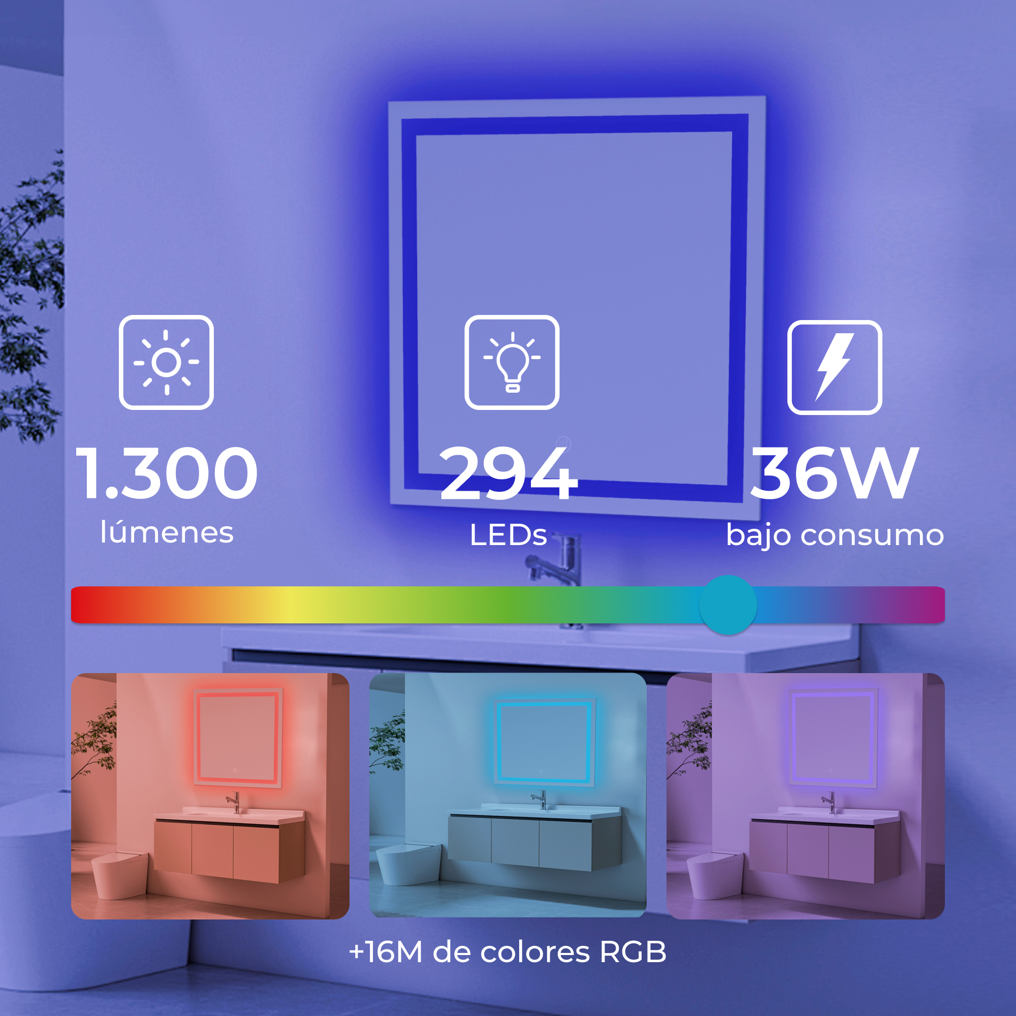 Uno specchio illuminato, che mostra luci di diversi colori. Testo in spagnolo sui colori e i LED.