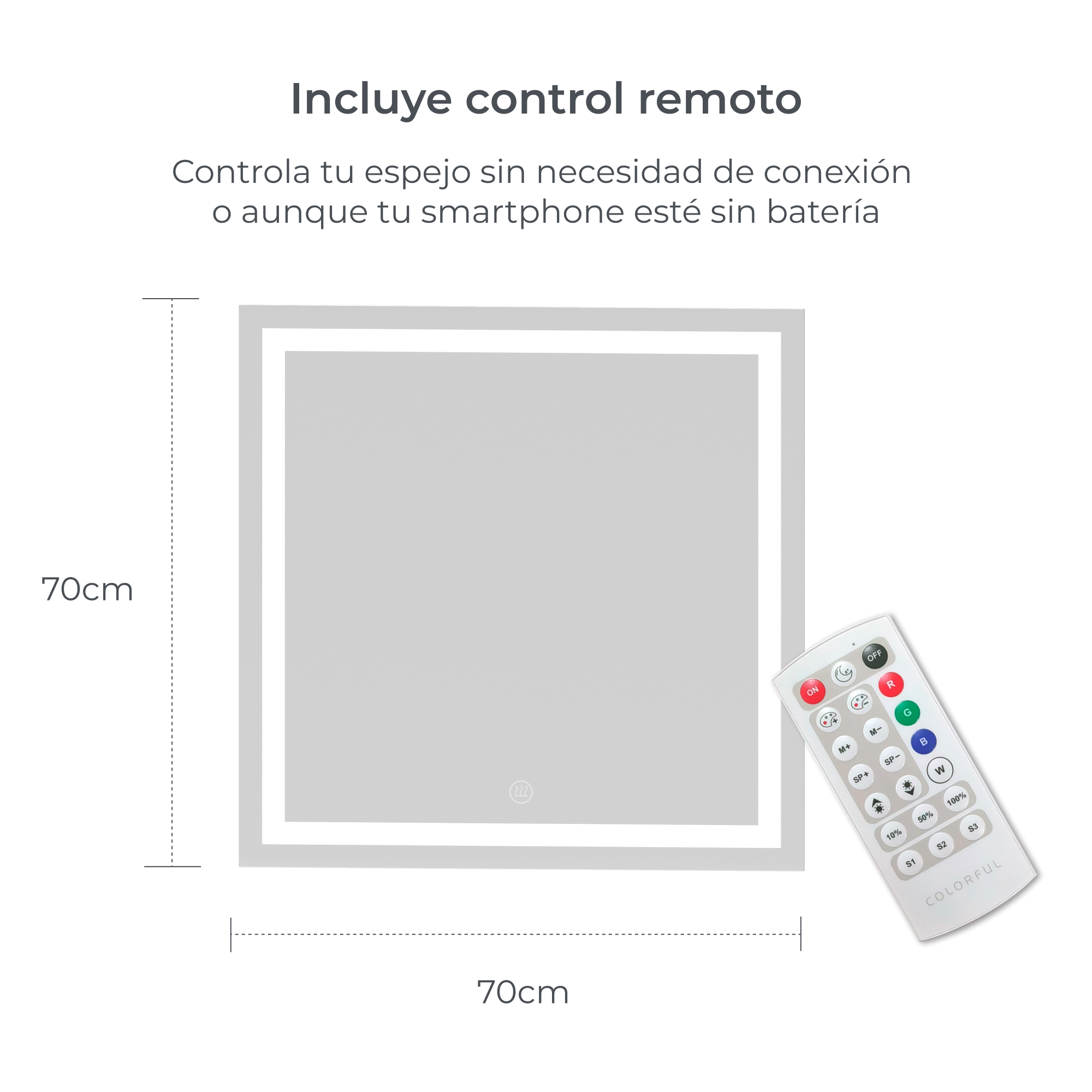 Uno specchio quadrato con un telecomando. Lo specchio ha una luce attorno al bordo.