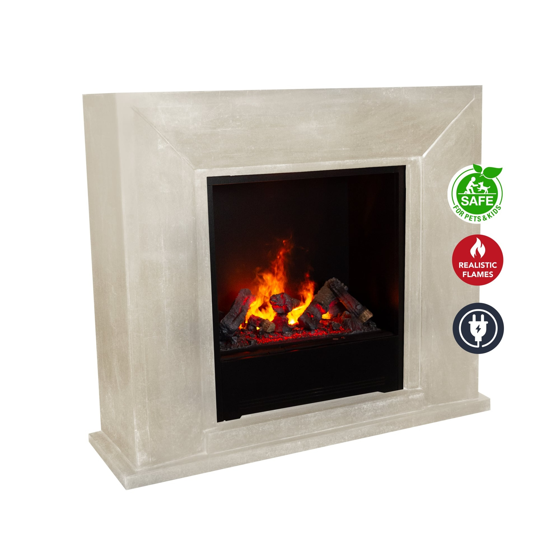 Open haard met een lichtgrijs frame. Binnenin liggen boomstammen met oranje vlammen. Pictogrammen geven veiligheid voor huisdieren en kinderen aan.