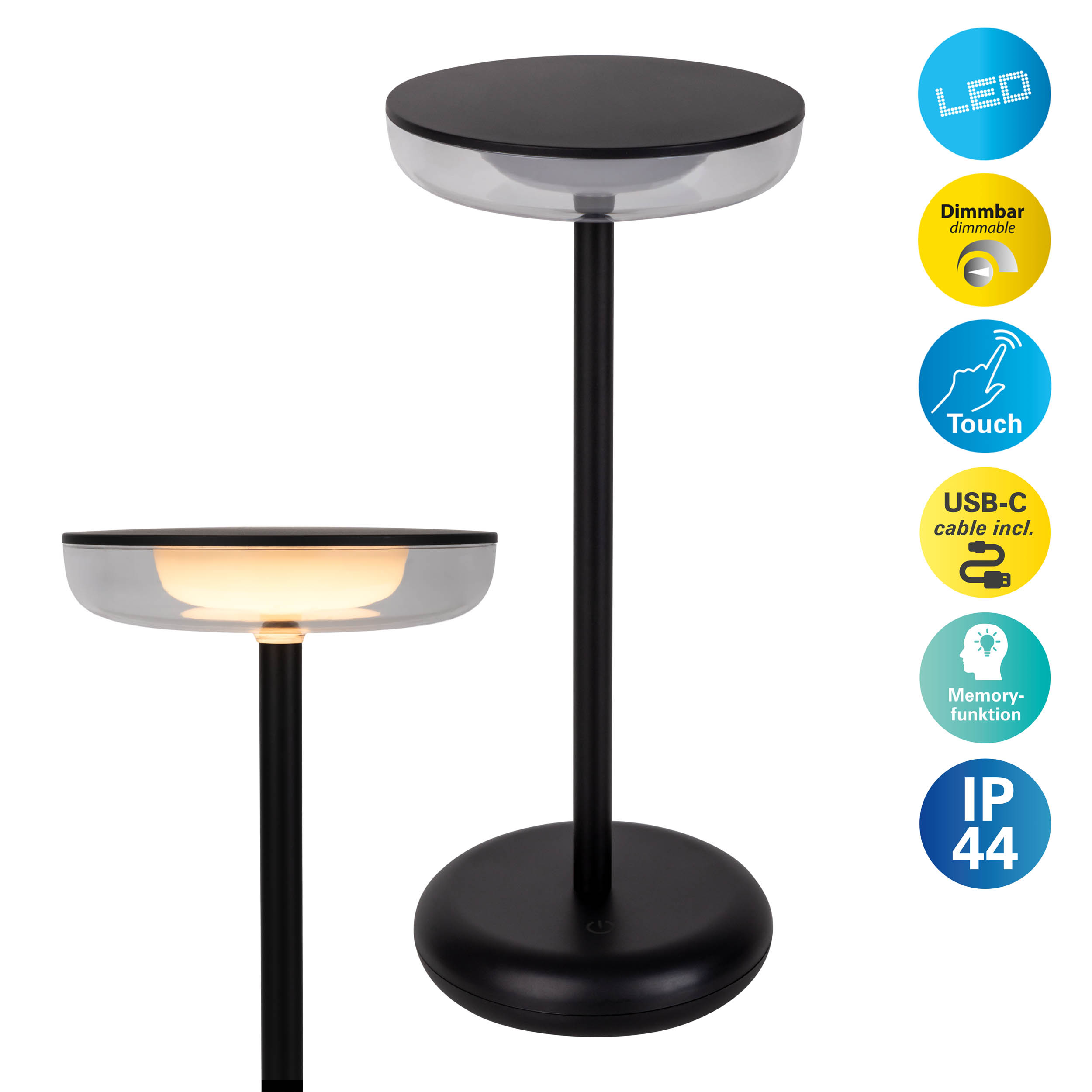 Eine schwarze und silberne LED-Tischleuchte mit Touch-Steuerung, dimmbar und USB-C-Kabel enthalten.