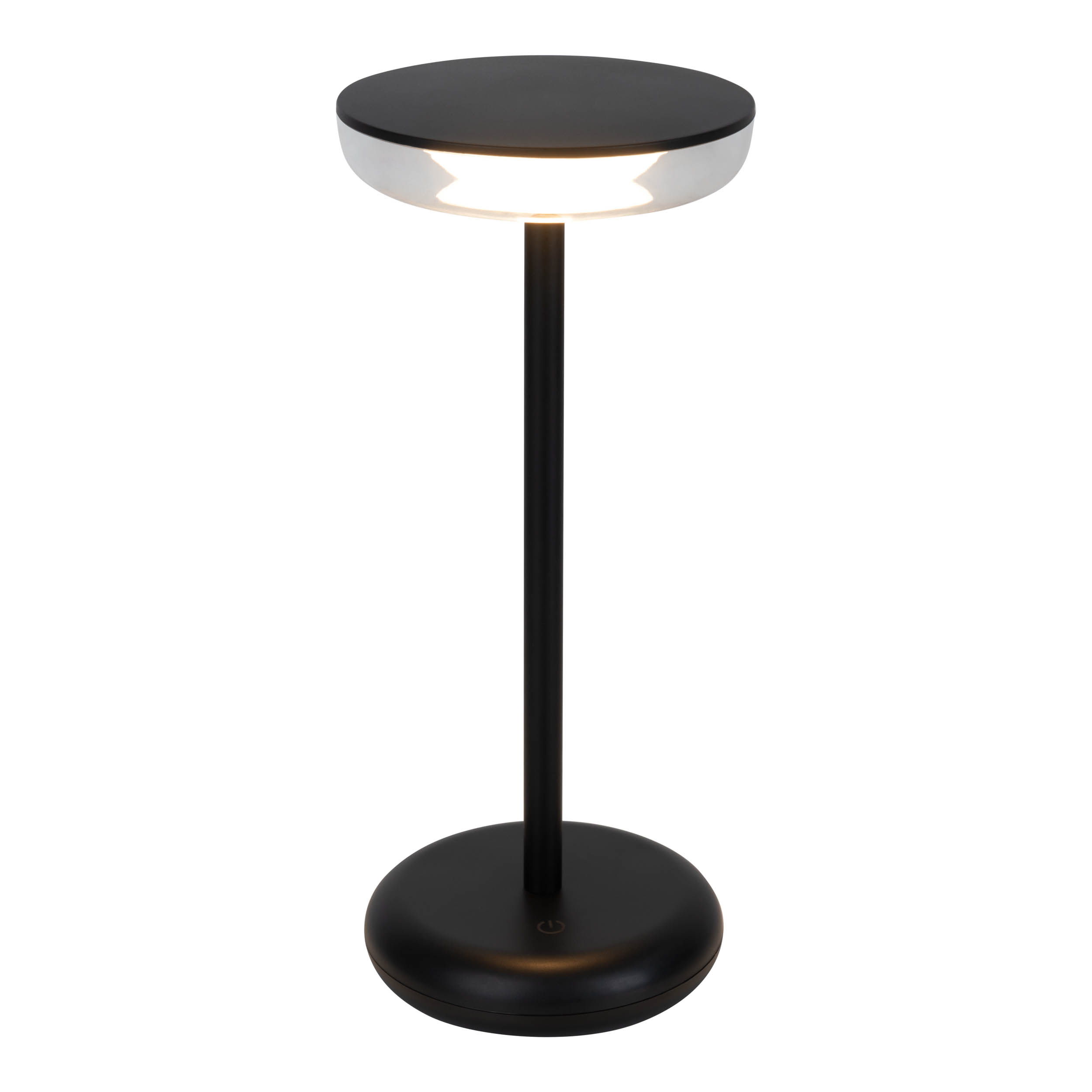 Eine schwarze Tischlampe mit rundem Sockel und weißem Licht oben. Weißer Hintergrund.