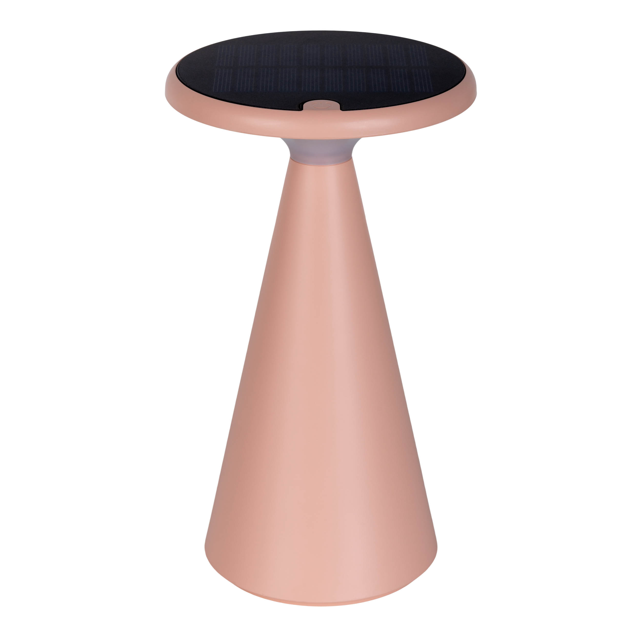 Rosa kegelförmige Solar-Tischlampe mit schwarzem Oberteil und weißem Hintergrund.