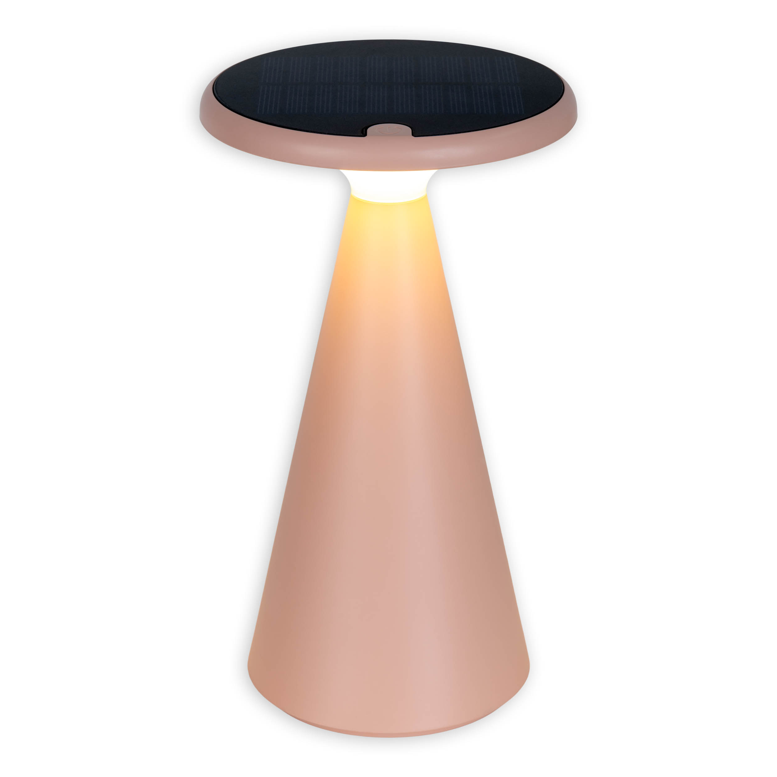 Eine rosa Solarlampe mit einem schwarzen Solarpanel oben und einem kegelförmigen Sockel.