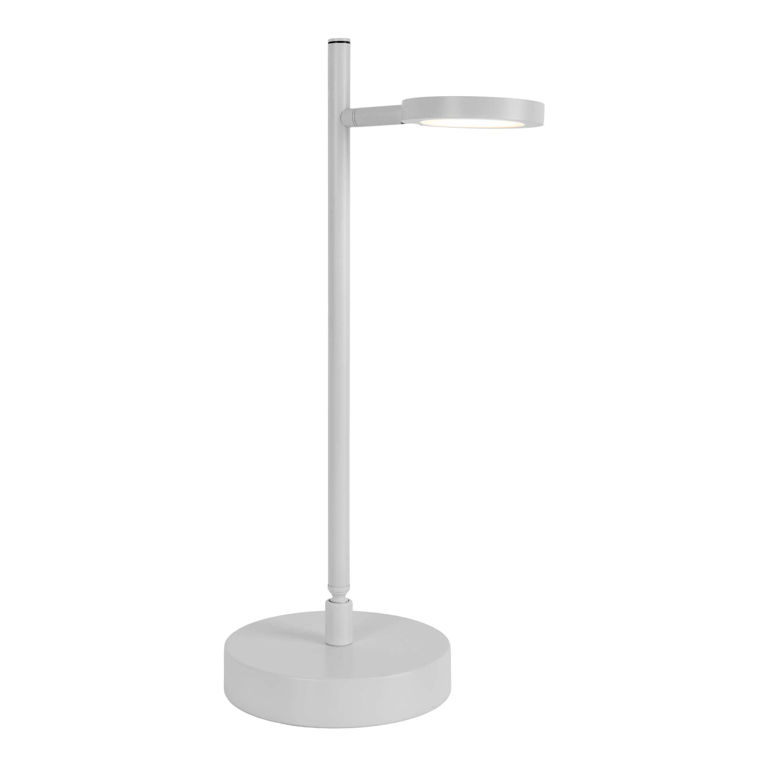 Eine weiße Schreibtischlampe mit rundem Kopf und hohem, dünnem Schaft.