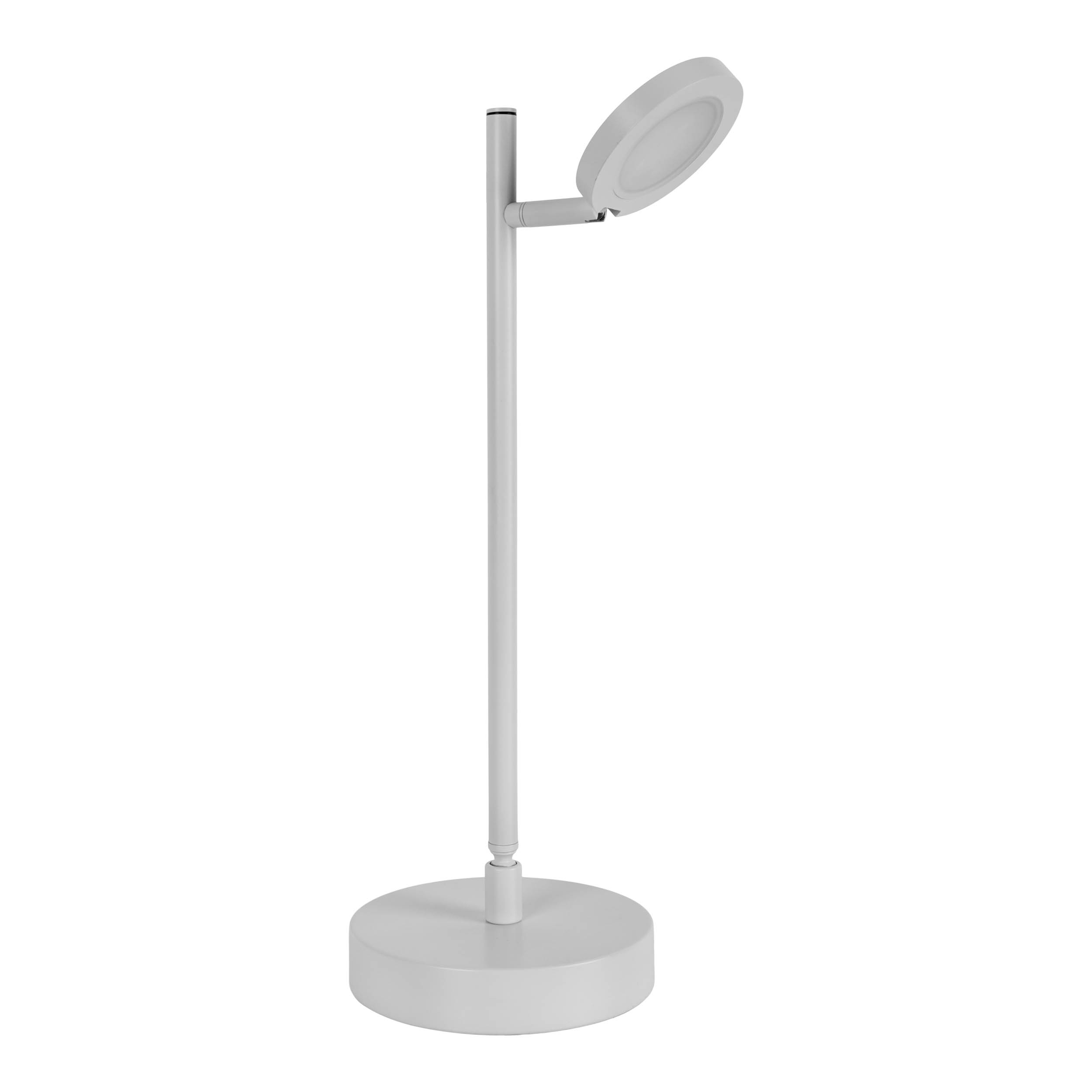 Weiße Schreibtischlampe mit rundem Kopf auf weißem Hintergrund.