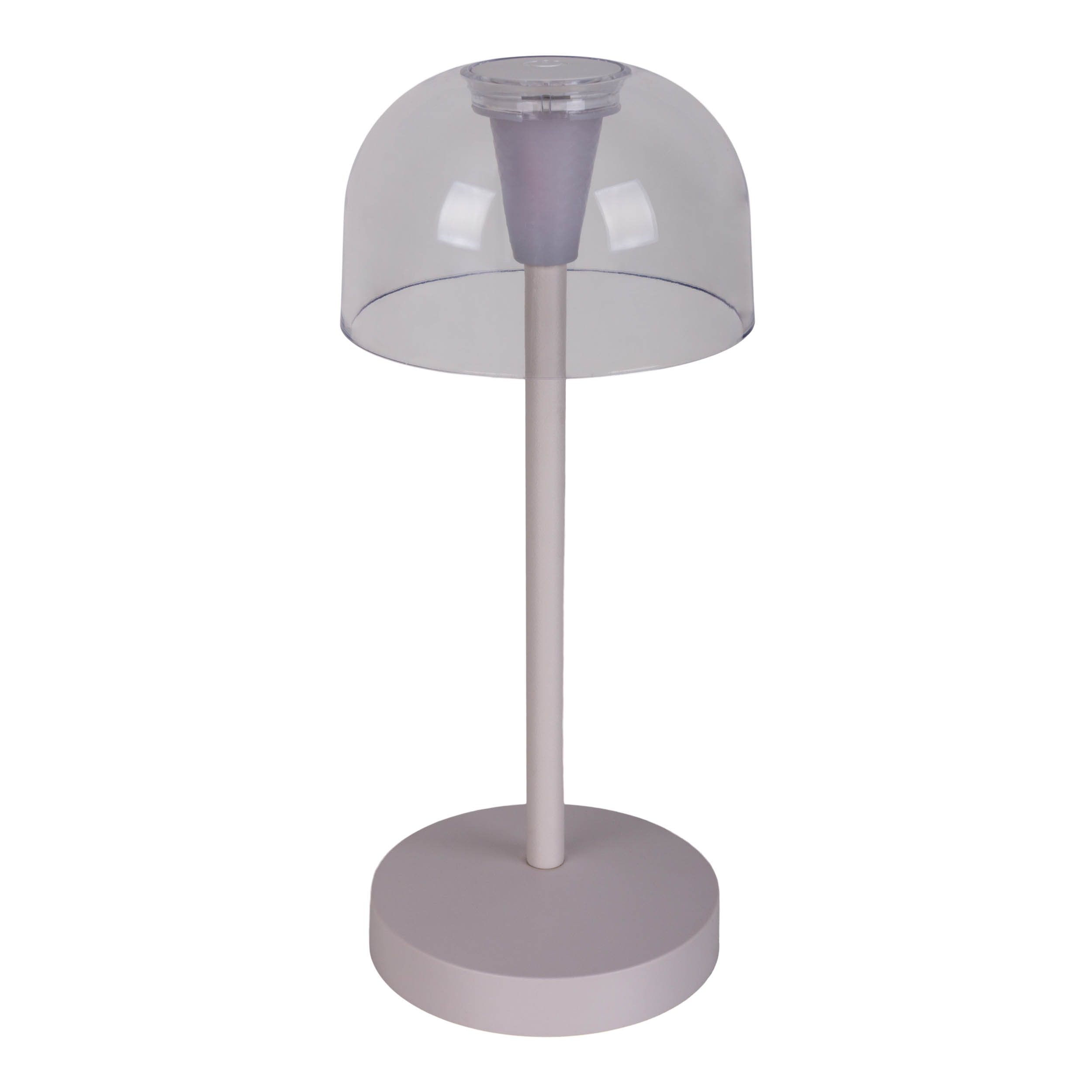 Eine weiße Tischlampe mit einer durchsichtigen Kuppel oben auf einem weißen Sockel und Stiel.