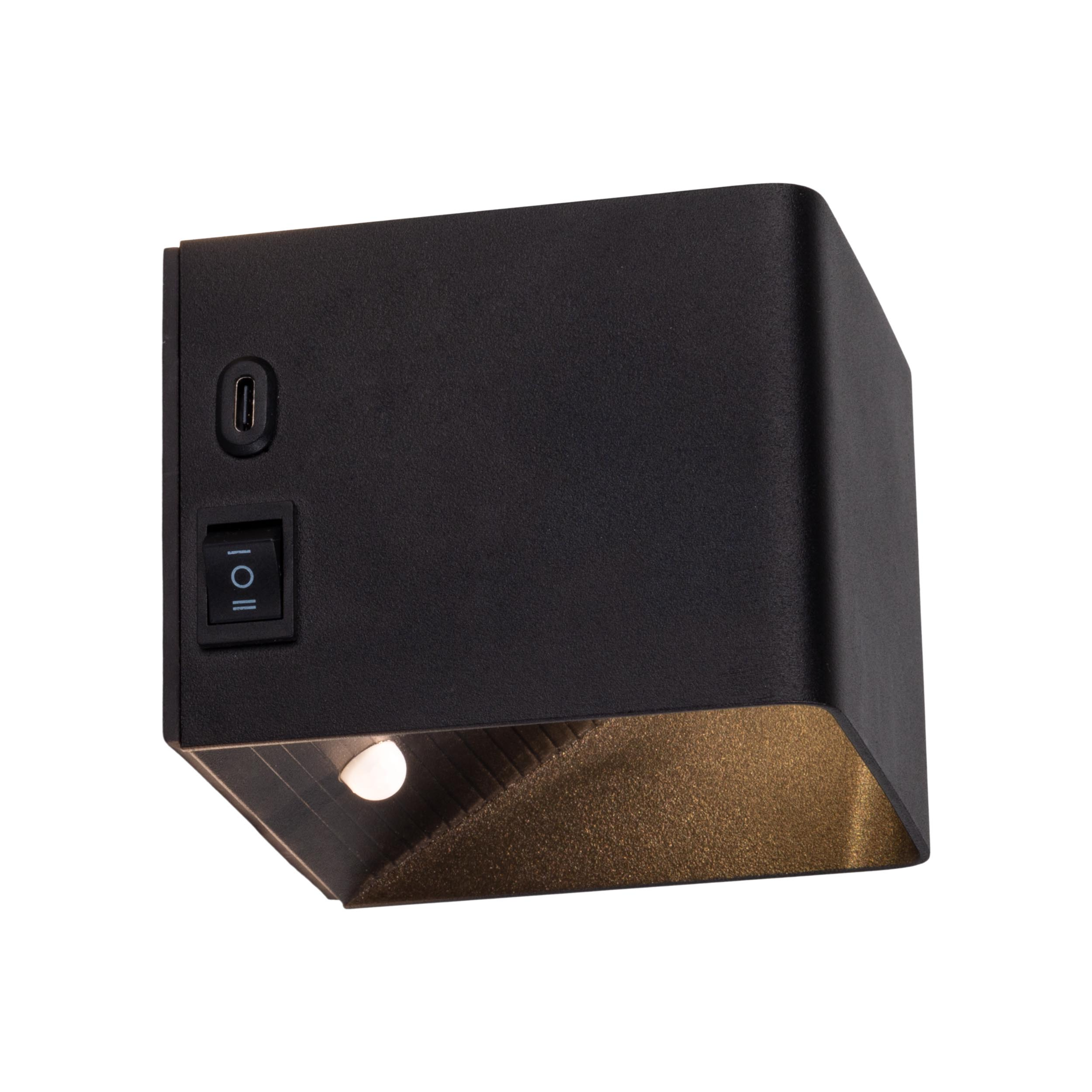 Schwarze quadratische Wandleuchte mit Netzschalter und USB-Anschluss.