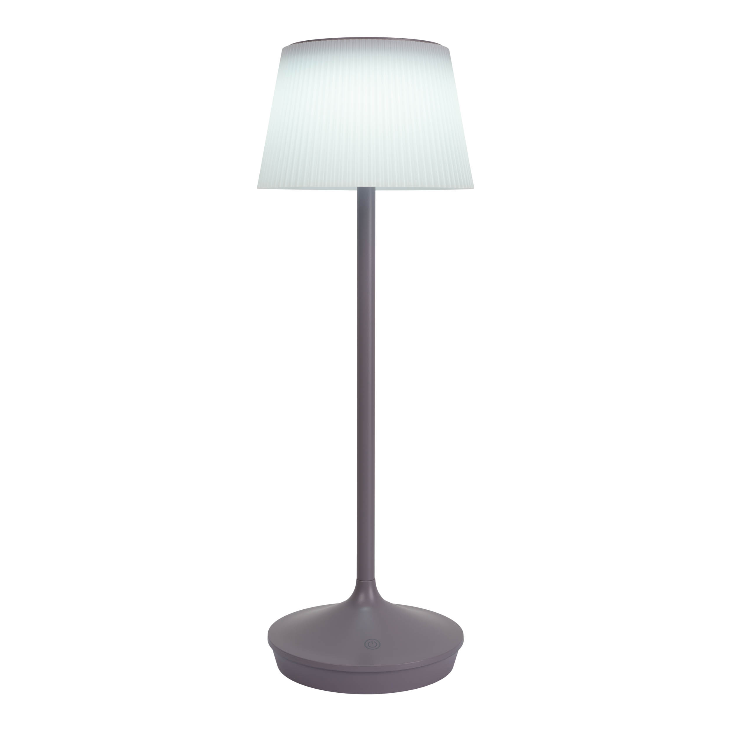 Graue Stehlampe mit weißem Lampenschirm. Weißer Hintergrund.