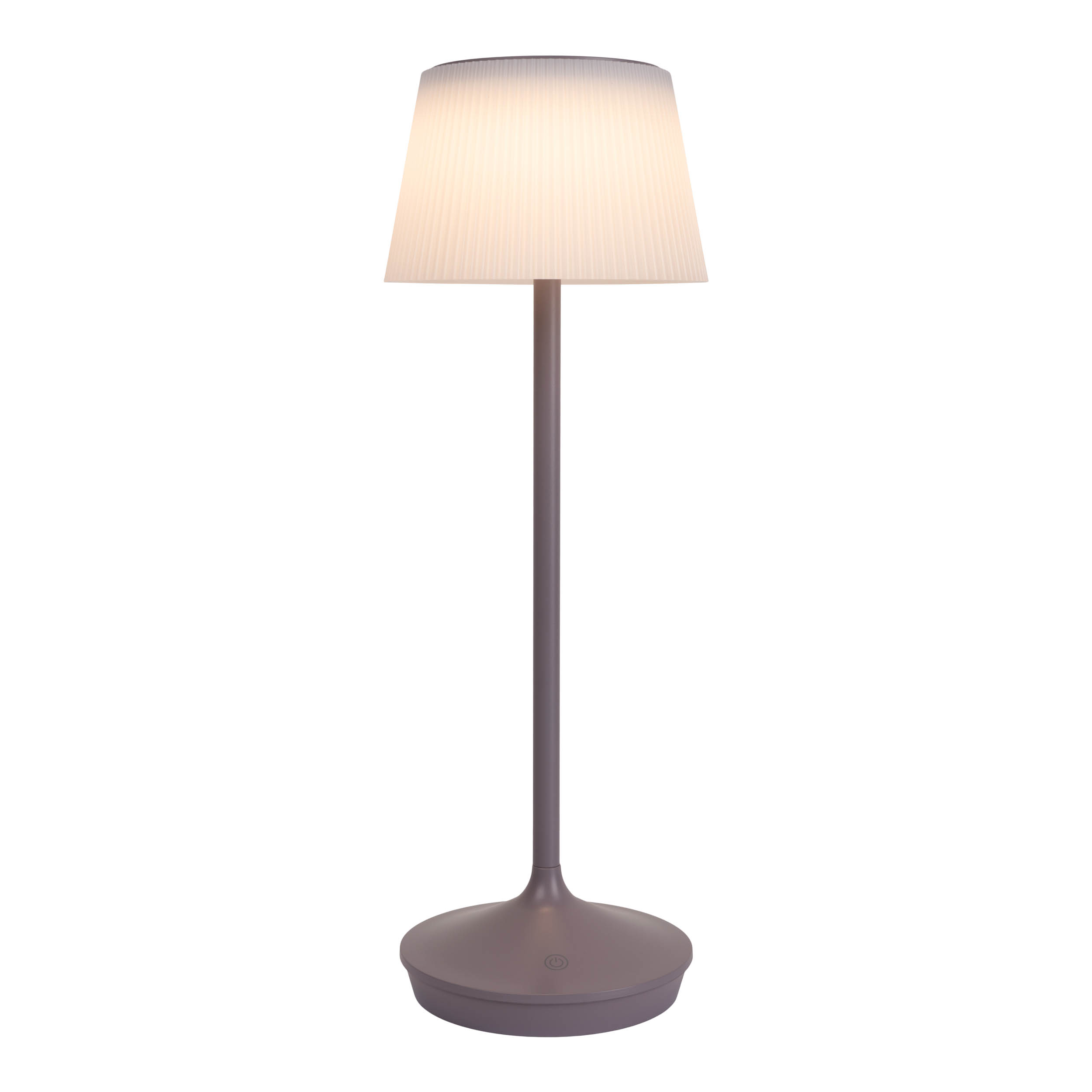 Eine graue Lampe mit weißem Lampenschirm auf weißem Hintergrund.