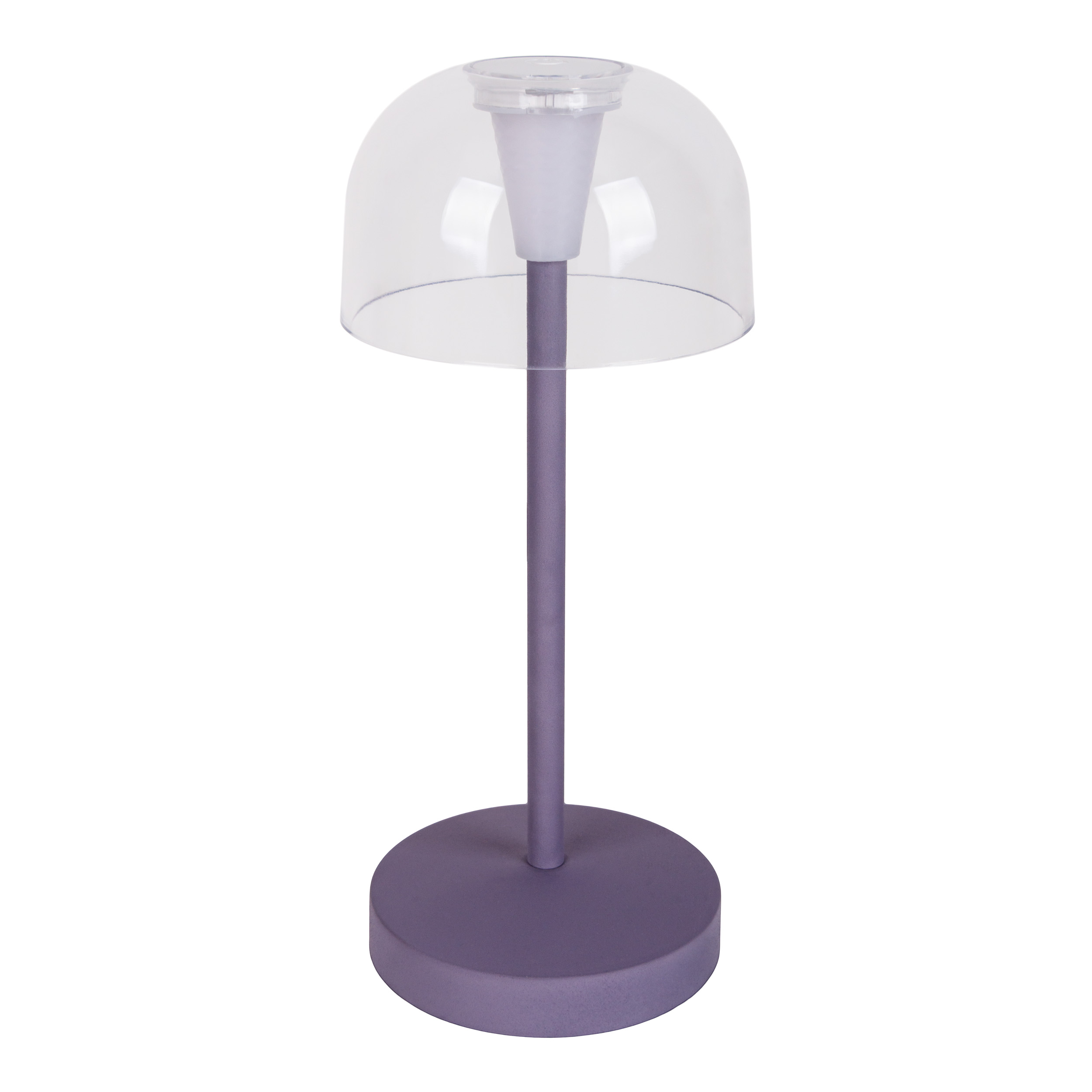 Eine lila Tischlampe mit einer durchsichtigen Kuppel und einem runden Sockel.