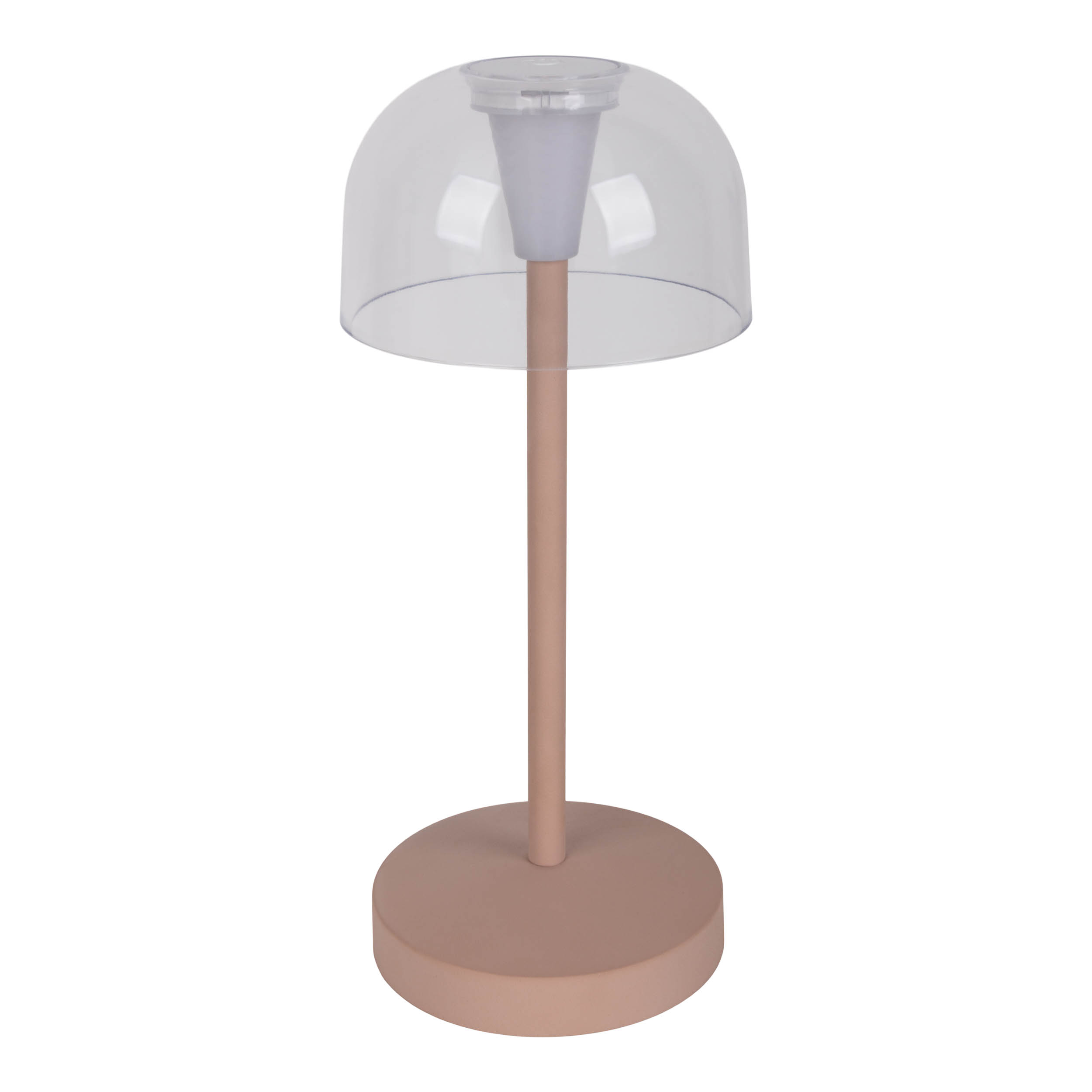 Una piccola lampada da tavolo con base rosa e paralume trasparente a forma di cupola.