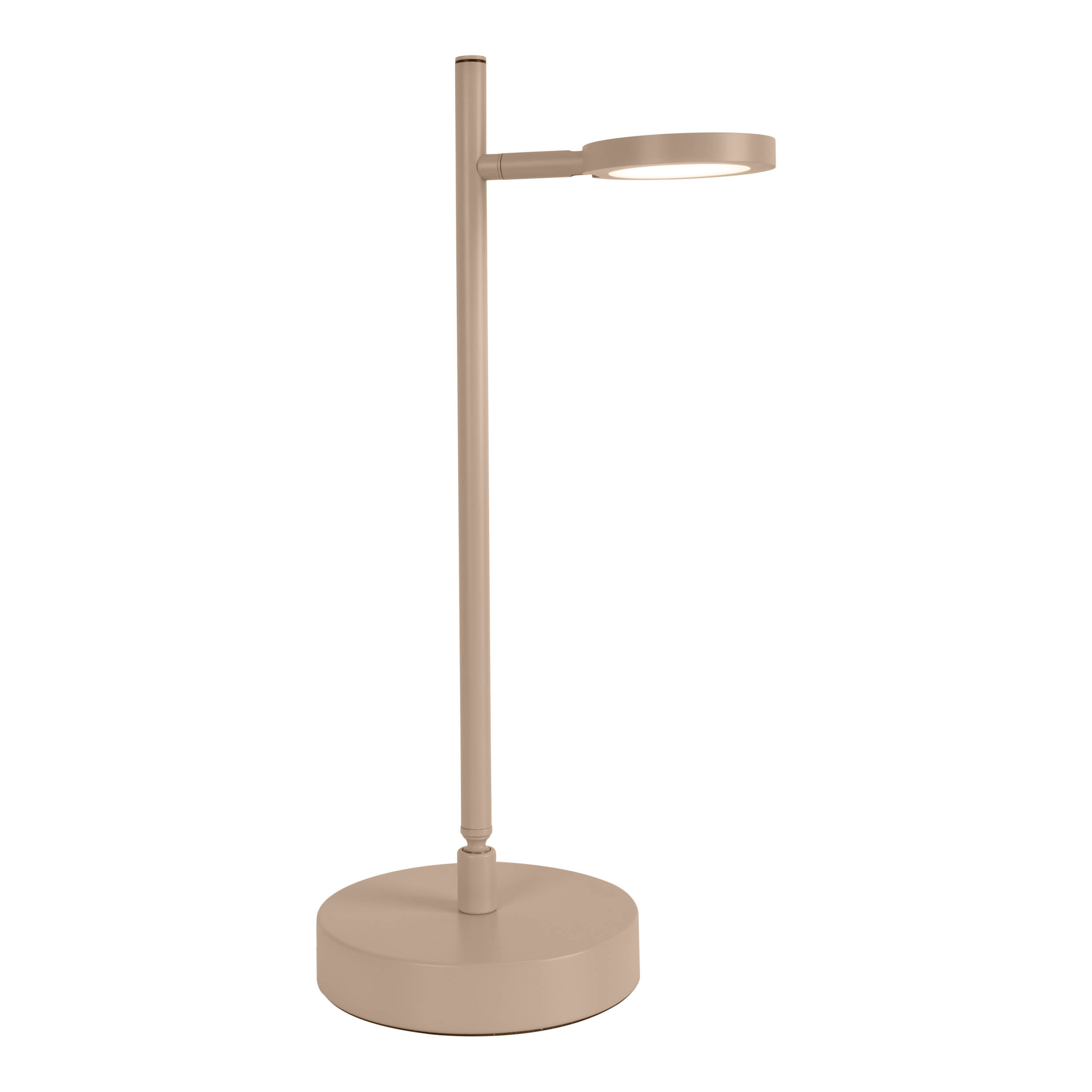 Eine beige Schreibtischlampe mit rundem Sockel und horizontaler Leuchte.