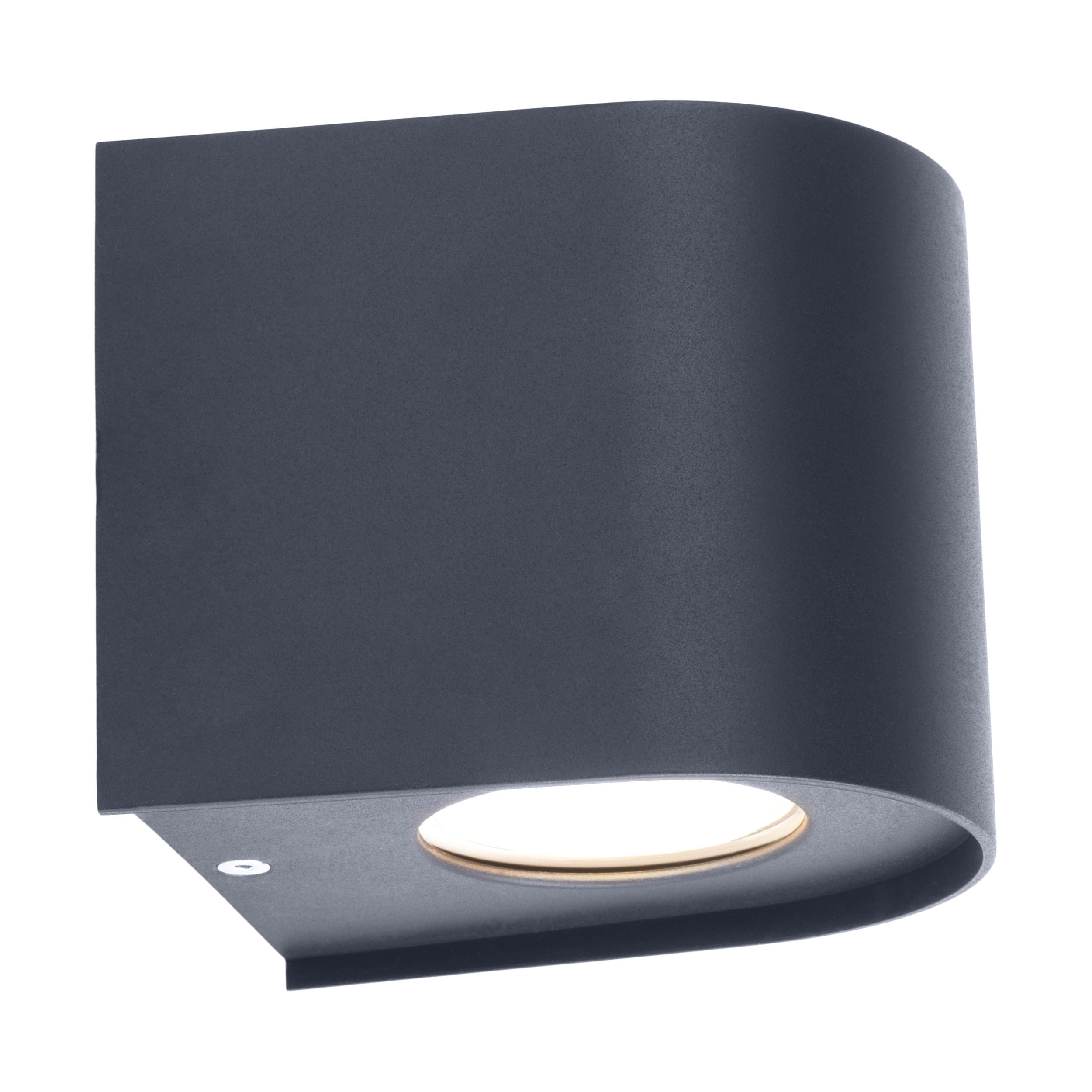 Dunkelgraue Außenwandleuchte mit geschwungenem Design und Licht.