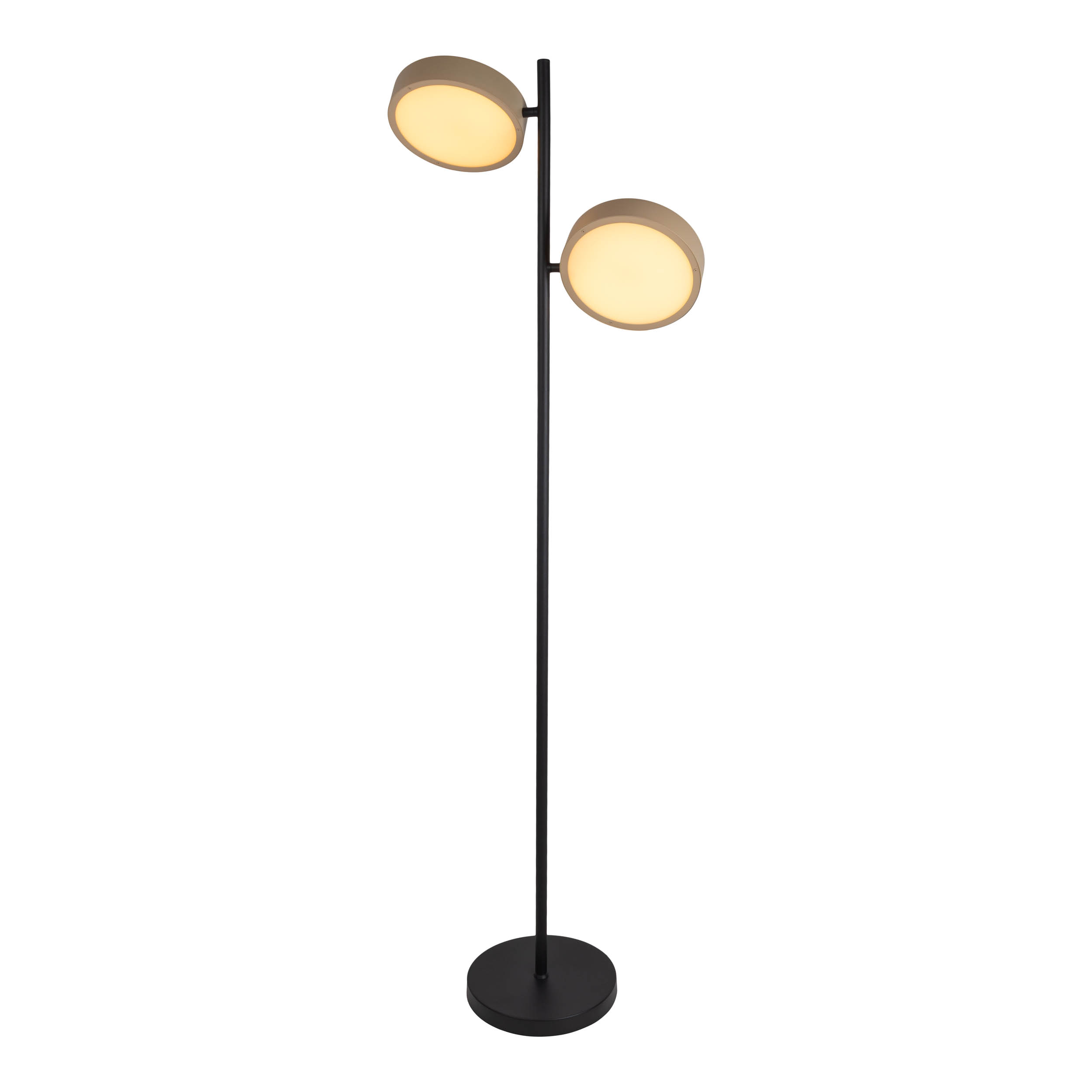 Eine Stehlampe mit zwei kreisförmigen Leuchten und einem schwarzen Ständer auf weißem Hintergrund.