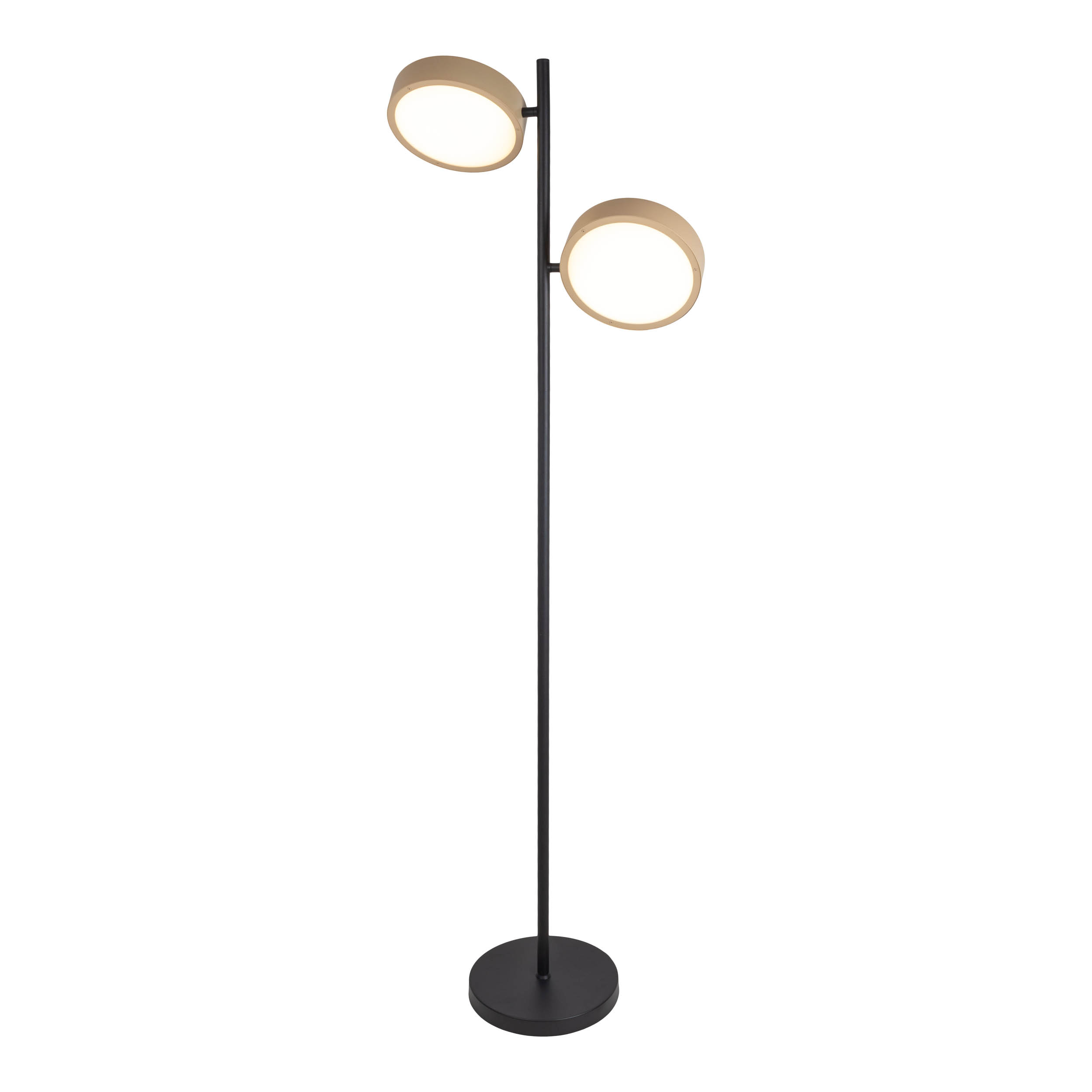 Eine schwarz-beige Stehlampe mit zwei kreisförmigen Lichtern. Sie steht vor weißem Hintergrund.