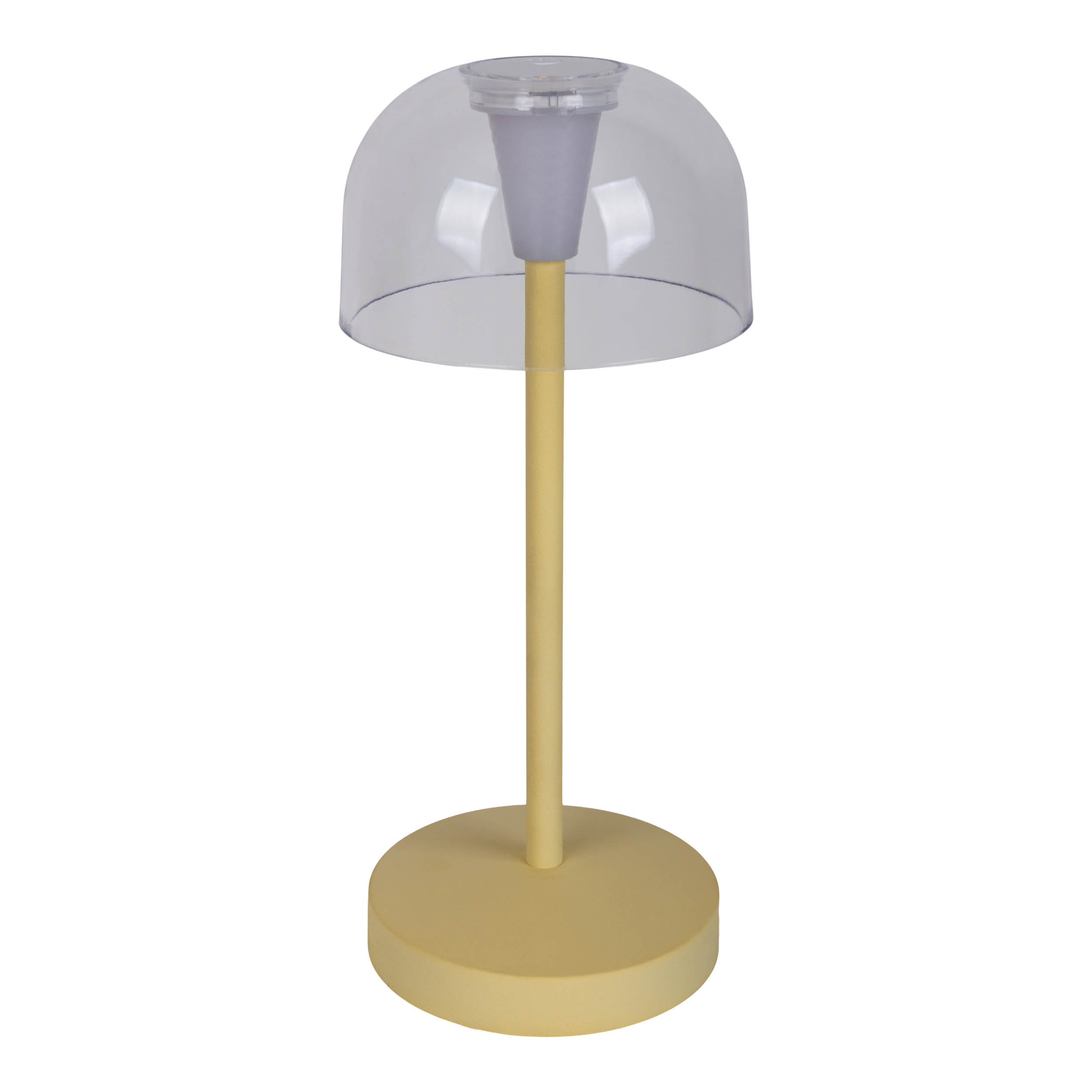 Una lampada da tavolo gialla con paralume a cupola trasparente, su sfondo bianco.