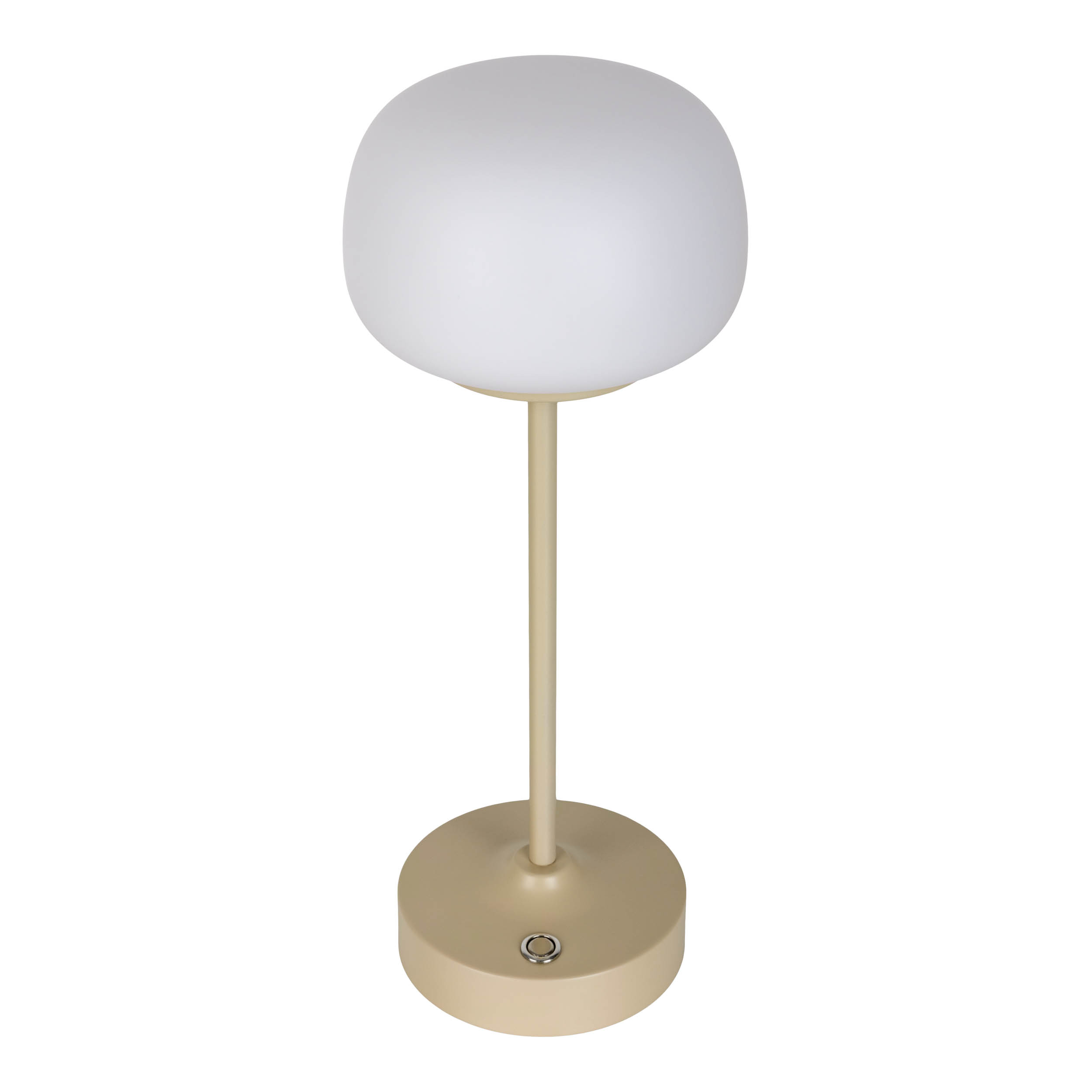 Eine beige Lampe mit rundem Sockel und weißem, kugelförmigem Lampenschirm, auf weißem Hintergrund.