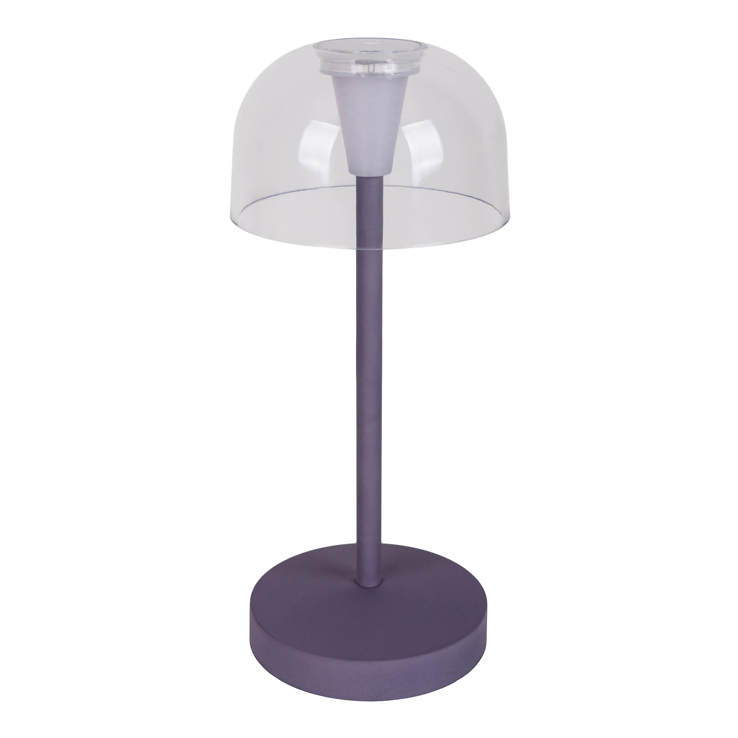 Una lampada viola con un paralume trasparente e una base rotonda. La lampada è su una superficie bianca.
