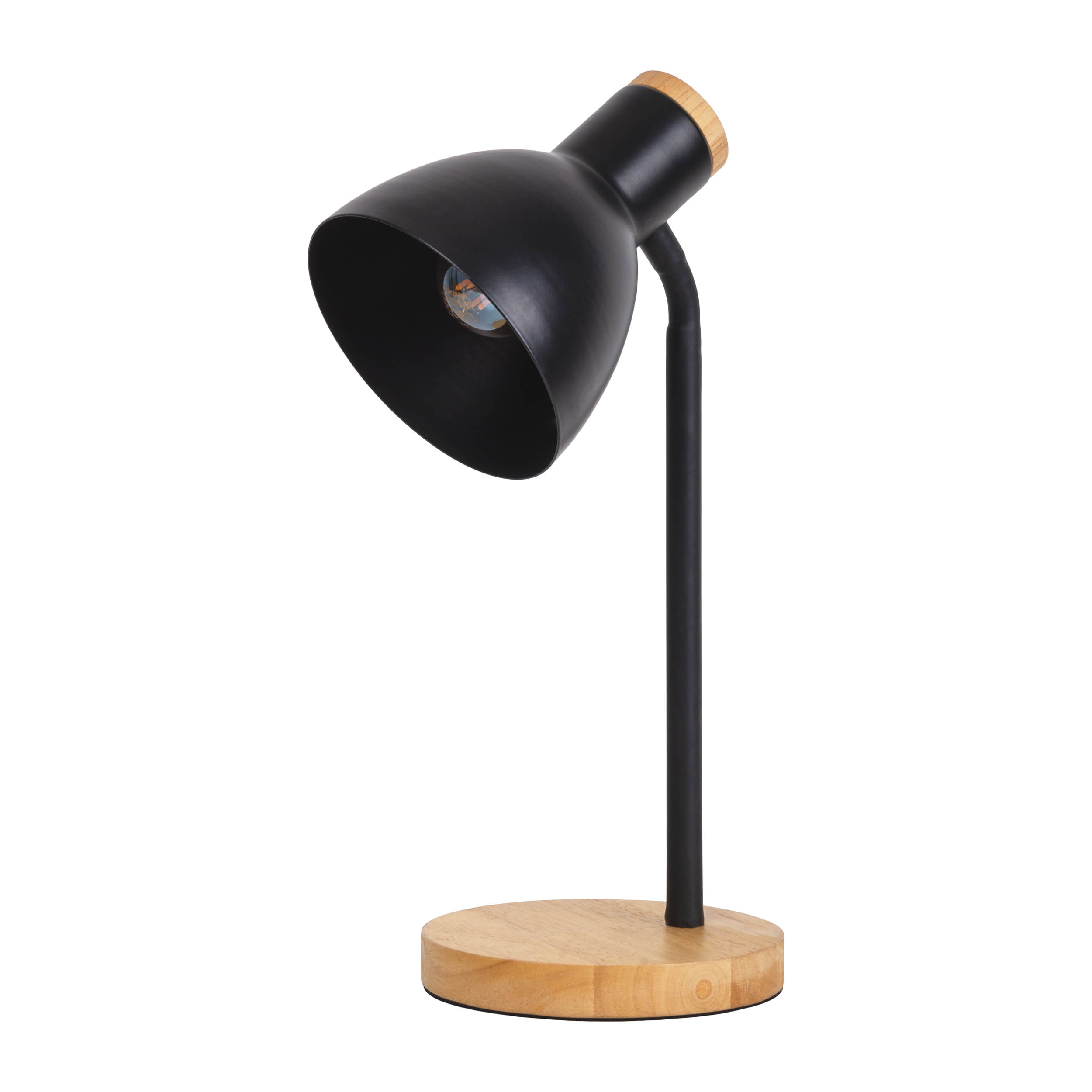 Eine schwarze Schreibtischlampe mit Holzsockel und schwarzem Lampenschirm.