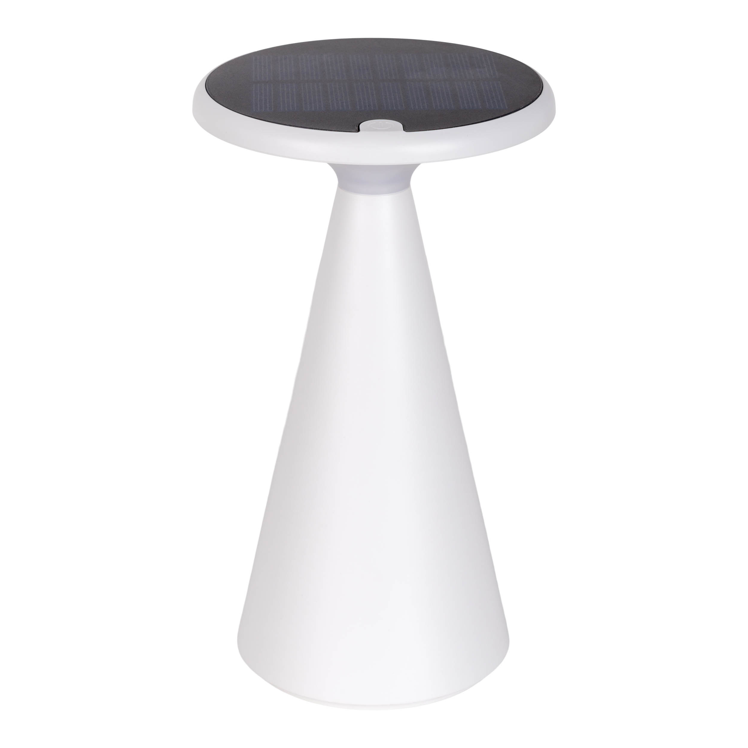 Weiße Solar-Tischlampe, konischer Sockel, runder Aufsatz mit Solarpanel.