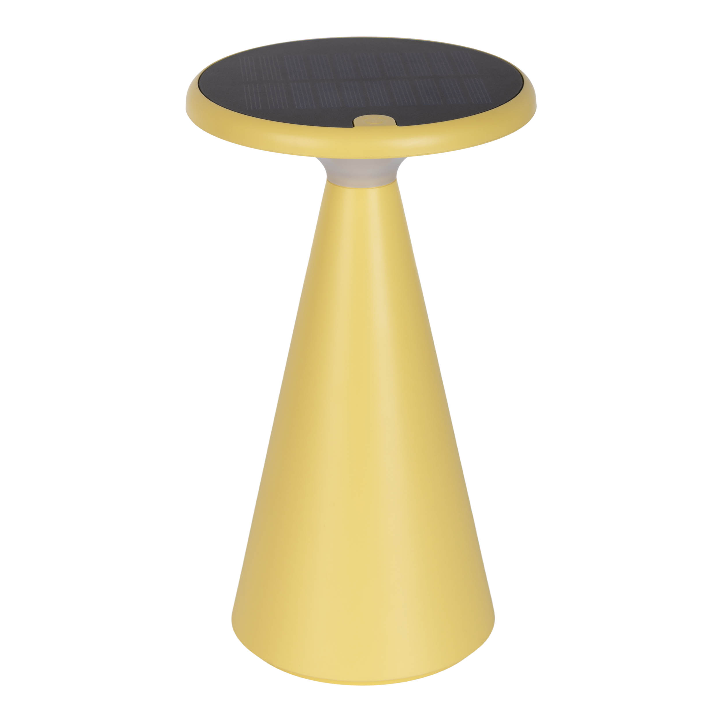 Gelbe solarbetriebene Tischlampe. Rundes Solarpanel oben, kegelförmiger Sockel.