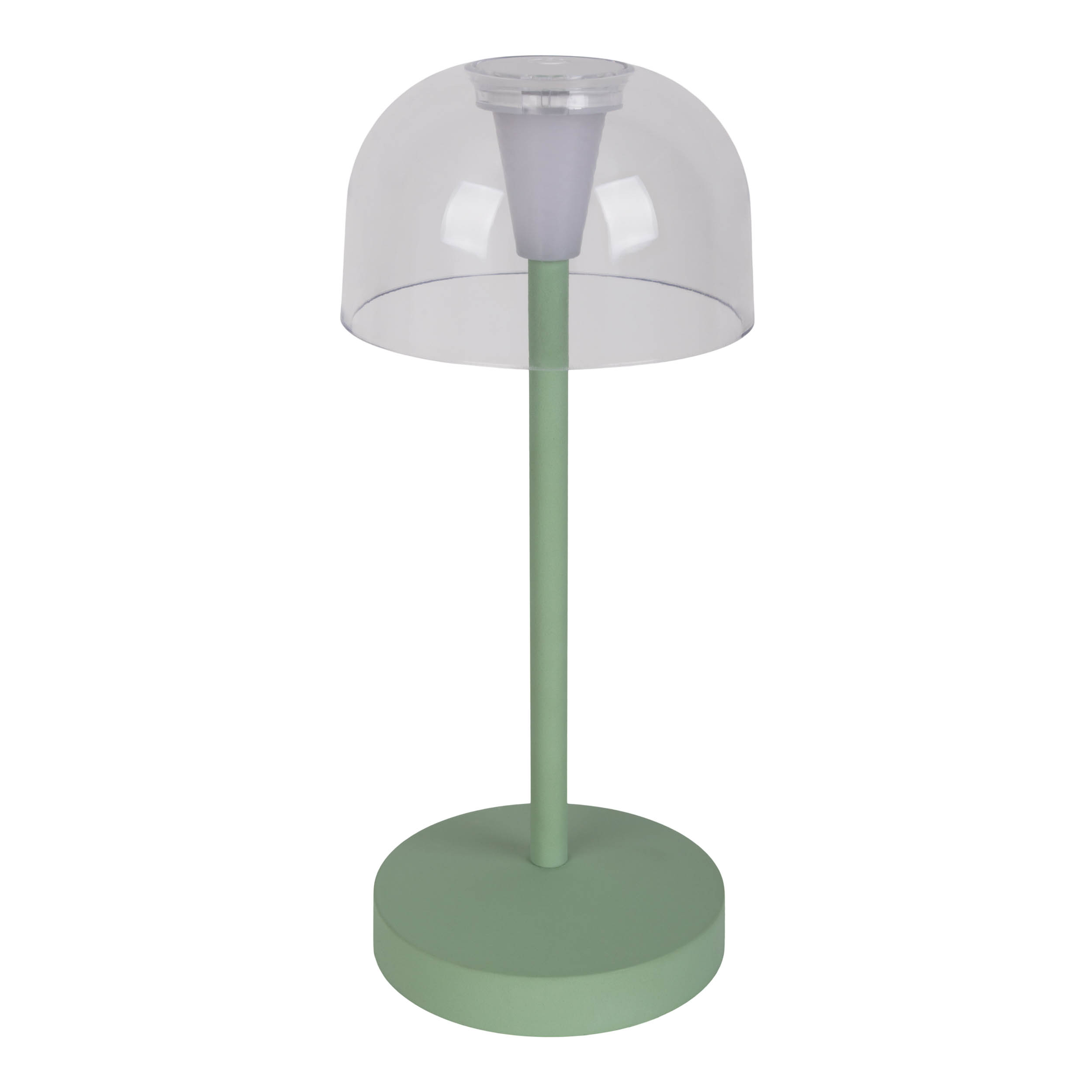 Lampada da tavolo verde con paralume a cupola in plastica trasparente. Base circolare.