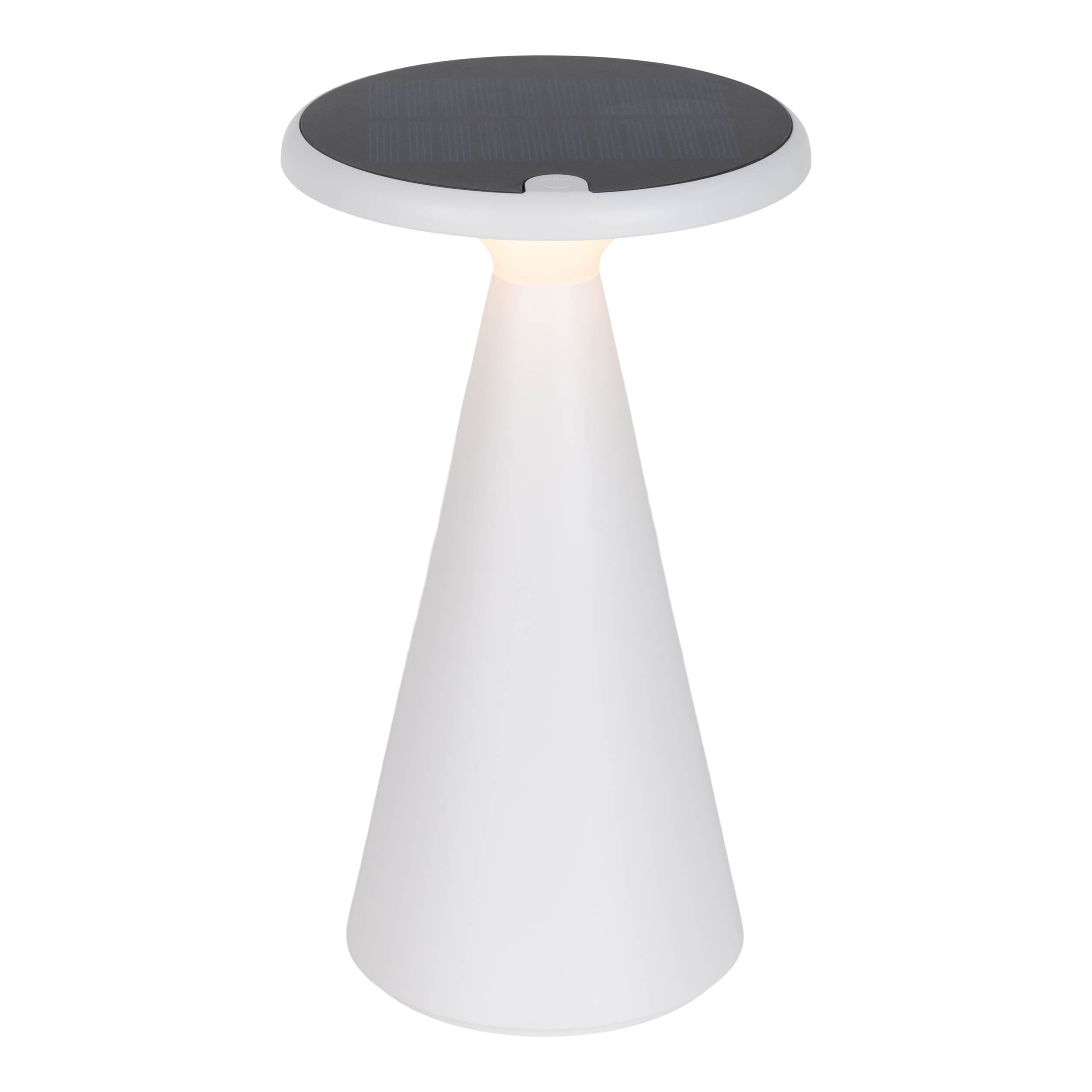 Eine weiße Tischlampe mit Solarpanel oben und kegelförmigem Sockel.