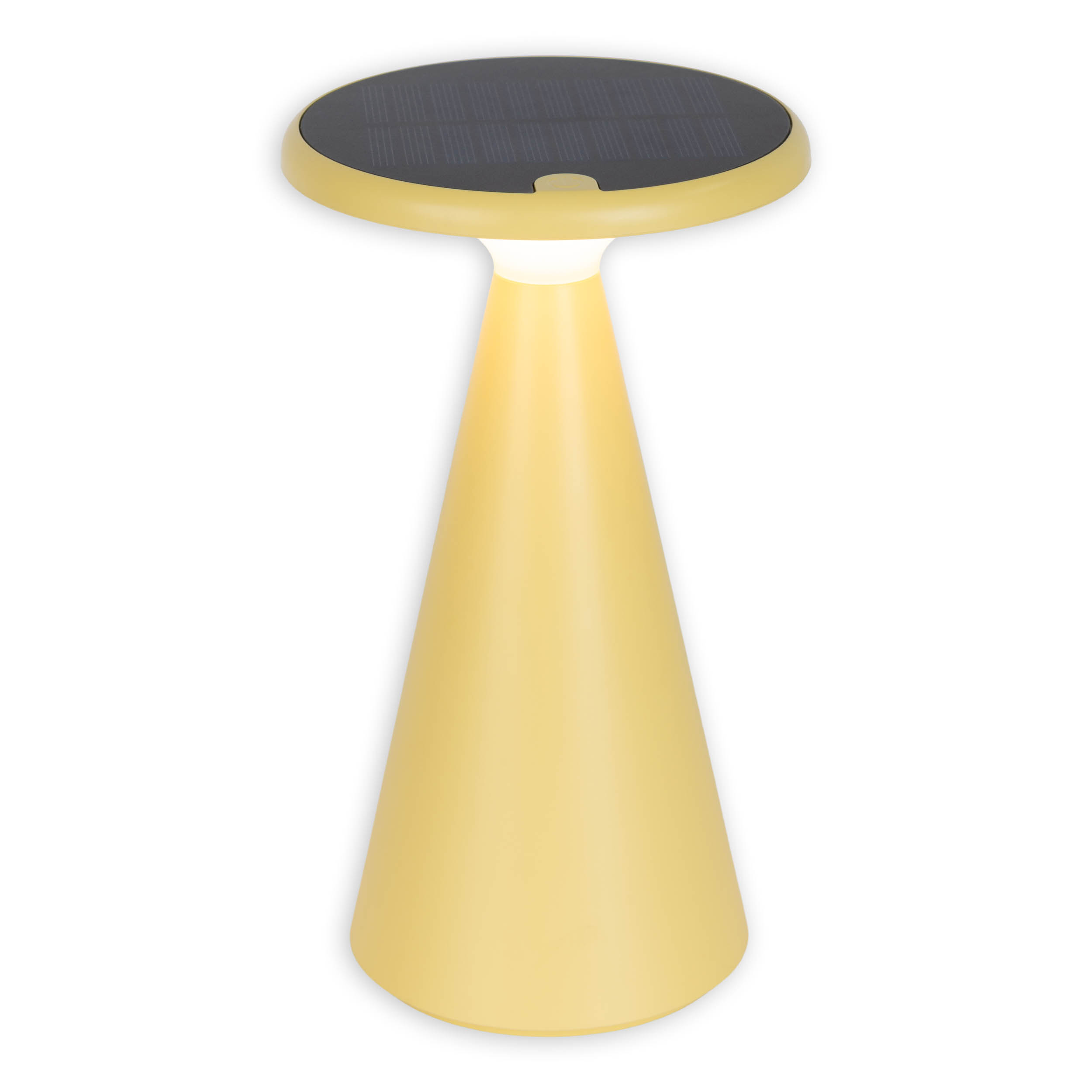 Eine gelbe Solar-Außenlampe mit schwarzem Solarpanel, isoliert auf weißem Hintergrund.