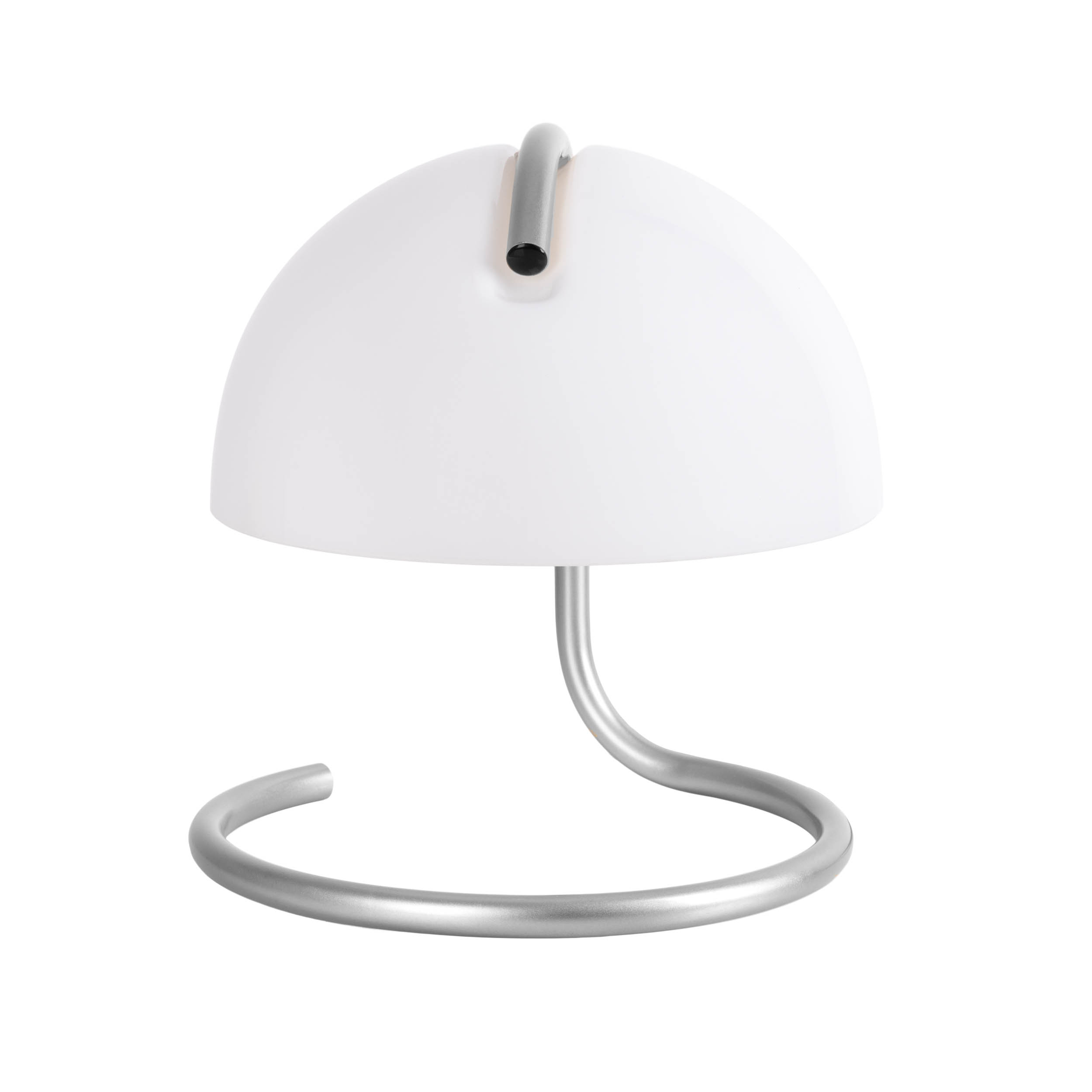 Eine weiße Tischlampe mit gebogenem Metallsockel.