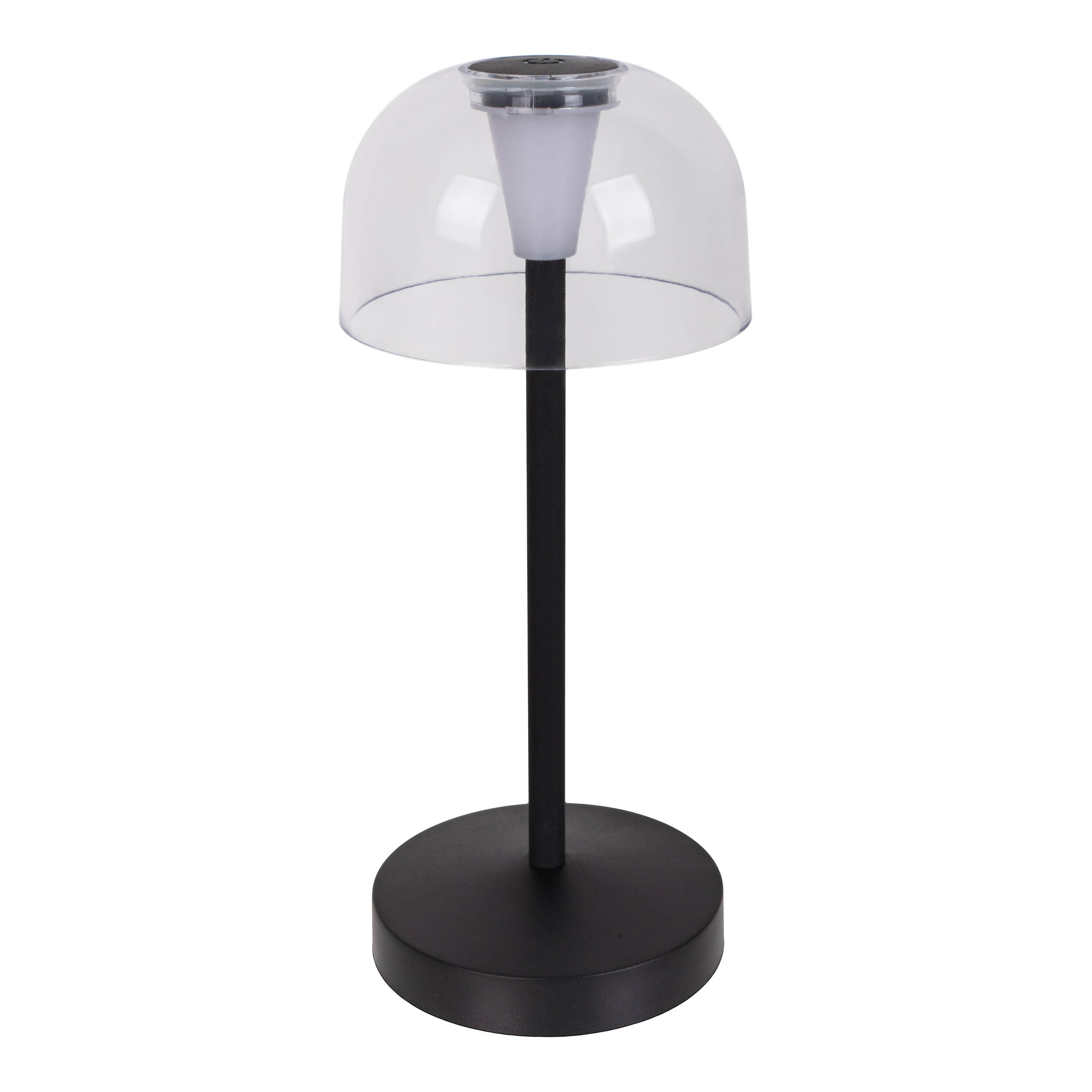 Una lampada nera con cupola trasparente e base rotonda, isolata su bianco.
